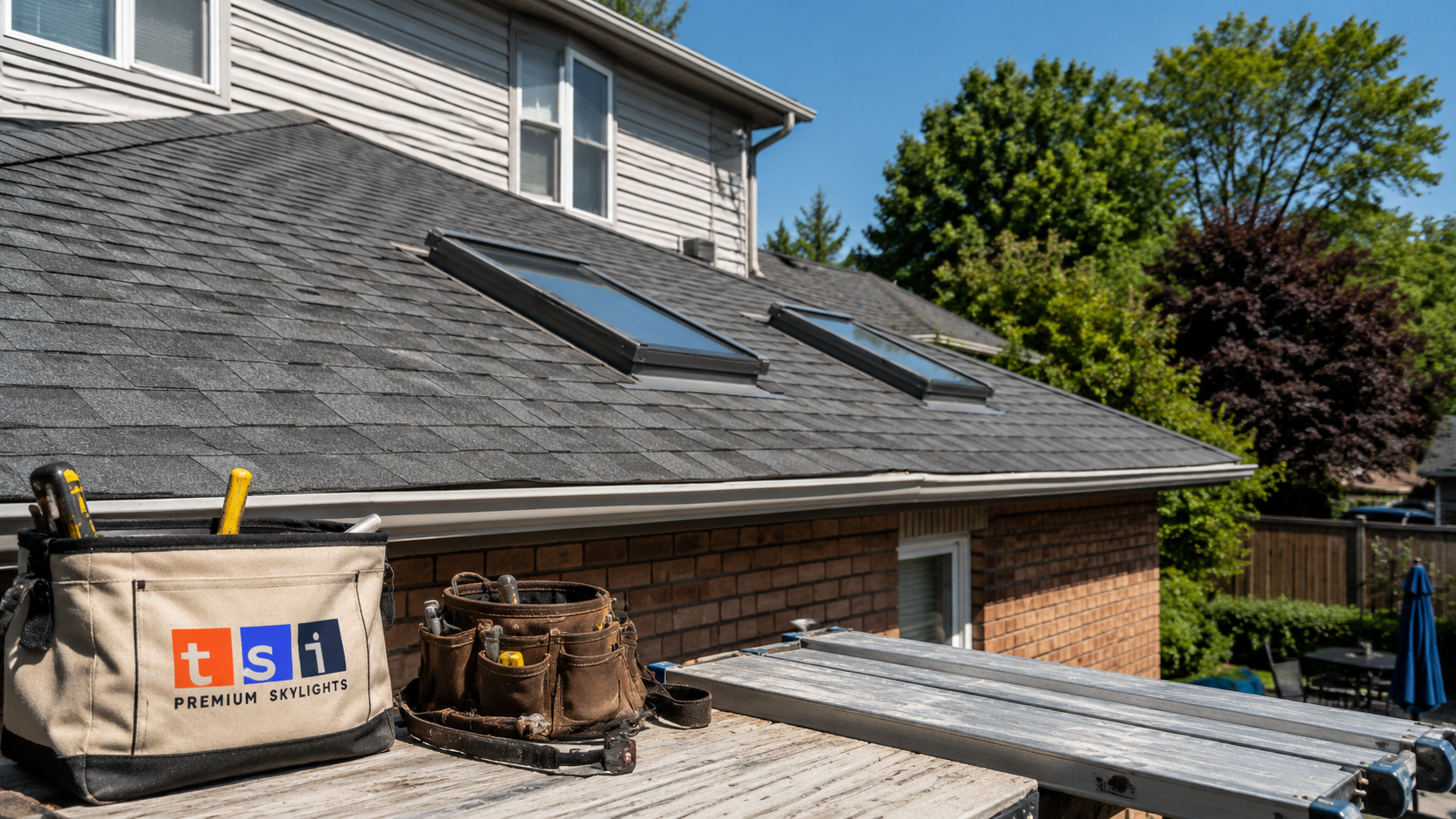 Two skylights installed on the asphalt shingle roof of an Ajax home in summer daylight
