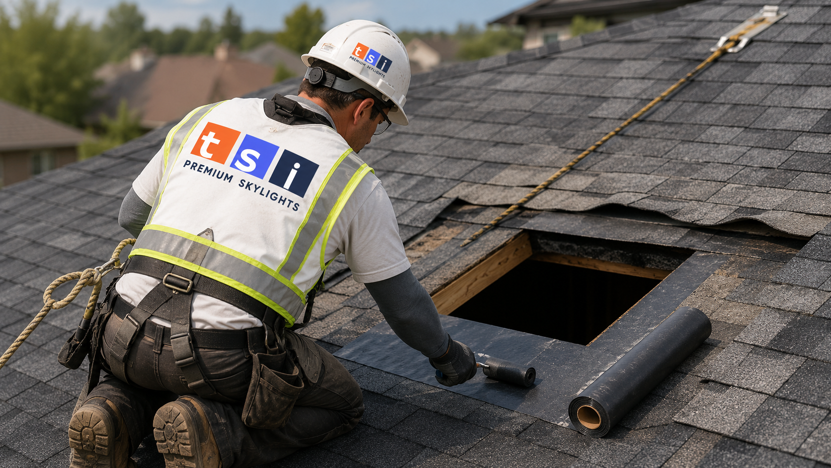 Roofer in full safety gear preparing the deck opening during skylight installation in Ajax
