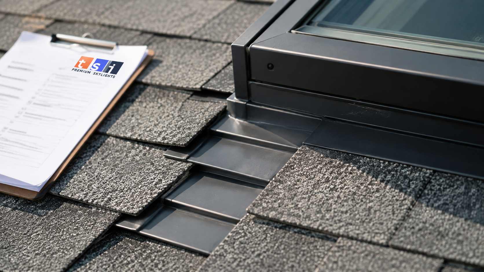 Close detail of new step flashing and sealed skylight perimeter after skylight repair Oakville service
