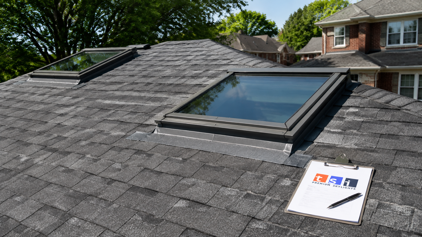 Skylight repair Oakville homeowners need on a suburban shingled roof with two skylights in summer daylight