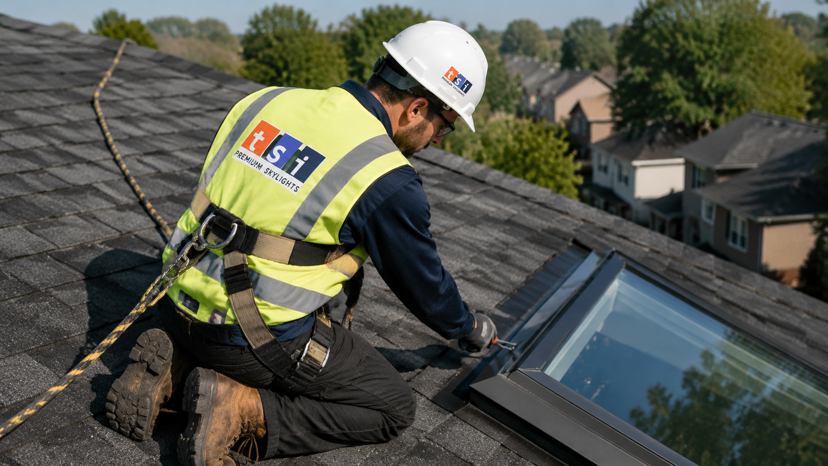 Technician performing skylight repair Oakville homeowners rely on, sealing flashing around a roof skylight