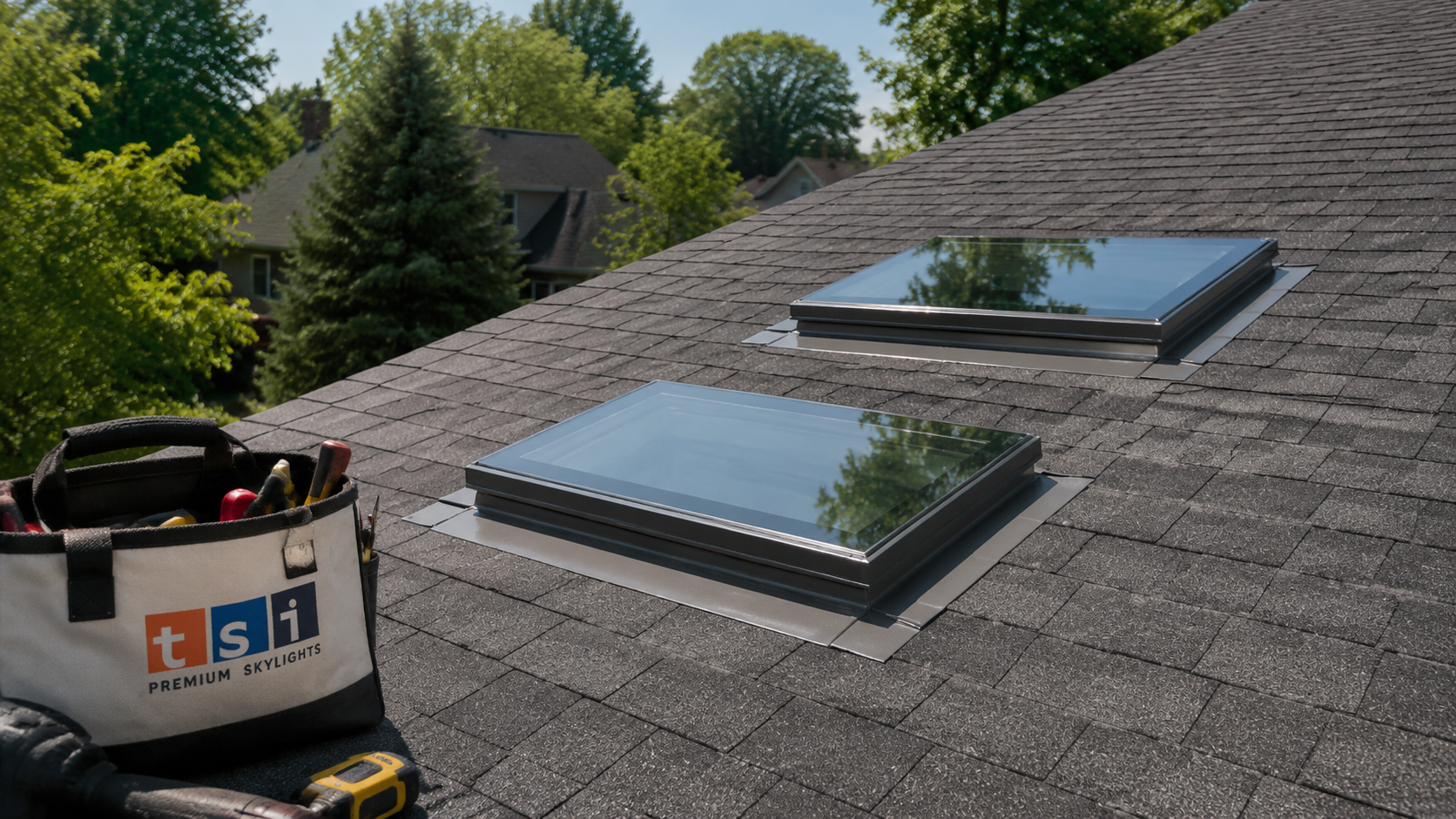 Two new skylights on a Burlington home roof showing quality skylight installation Burlington homeowners expect