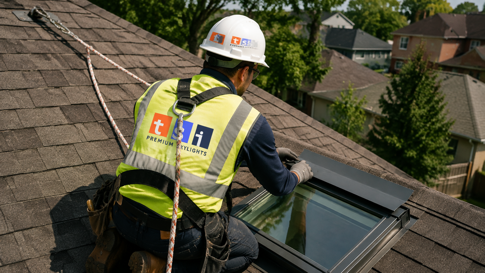 Installer in full safety gear fitting flashing during a skylight installation Burlington homeowners commission in summer