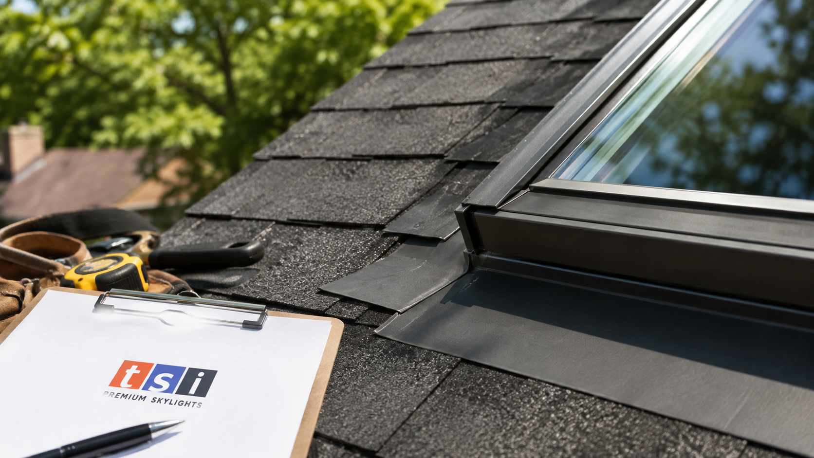 Close view of new flashing and shingle courses around a completed skylight replacement in Burlington