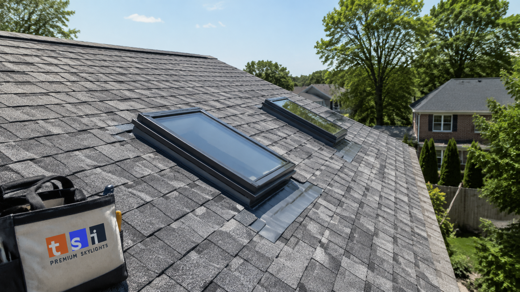 Two newly installed skylights on an asphalt shingle roof after skylight replacement in Burlington