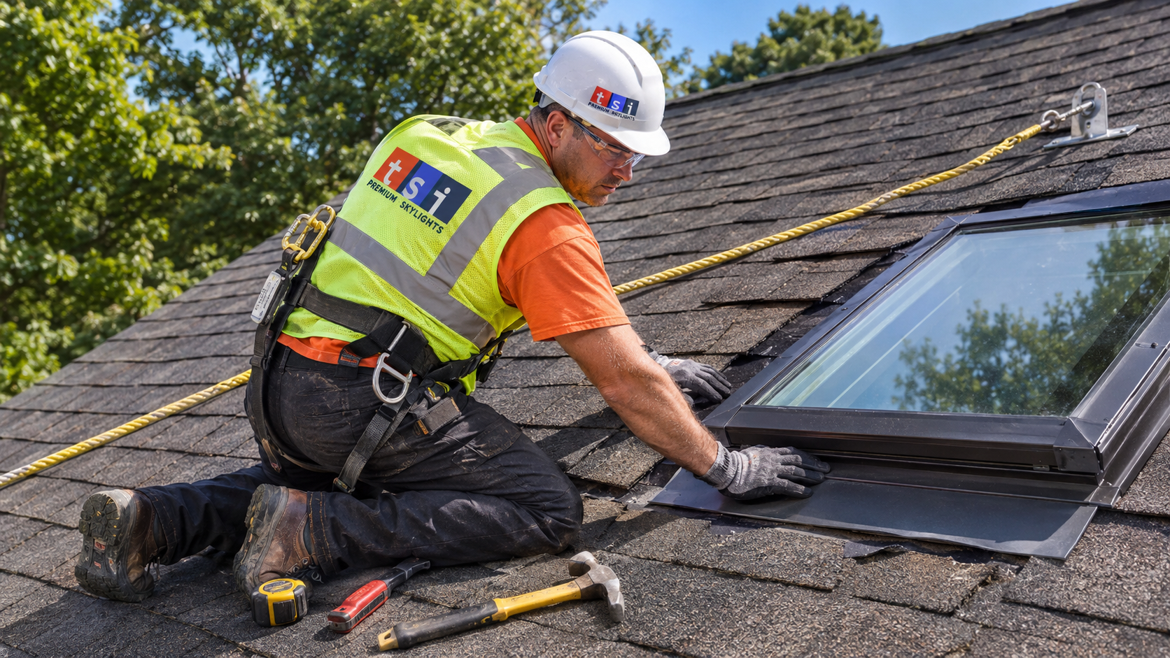 Roofer in full safety gear fitting flashing during a skylight replacement in Burlington on a suburban home