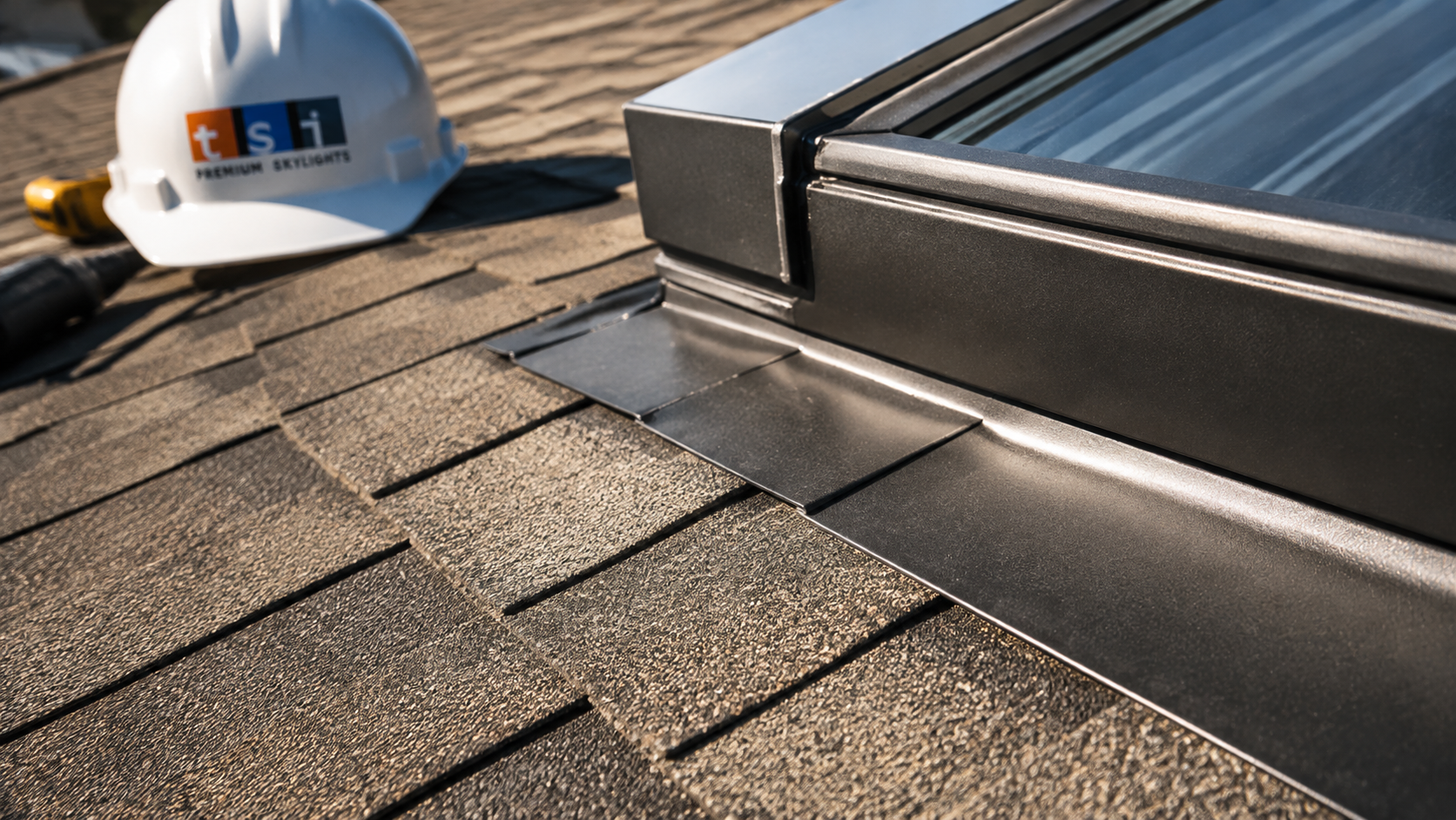 Close-up detail of new step flashing and sealed curb after skylight repair in Burlington on a shingle roof