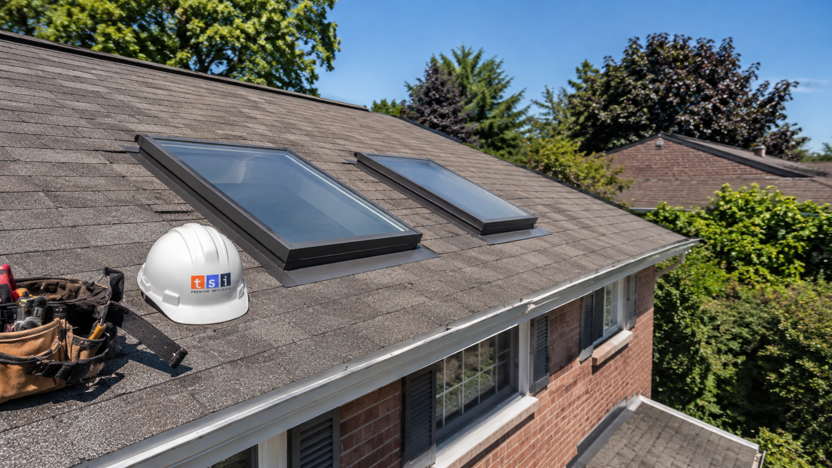 Two skylights on the asphalt shingle roof of a suburban home needing skylight repair in Burlington