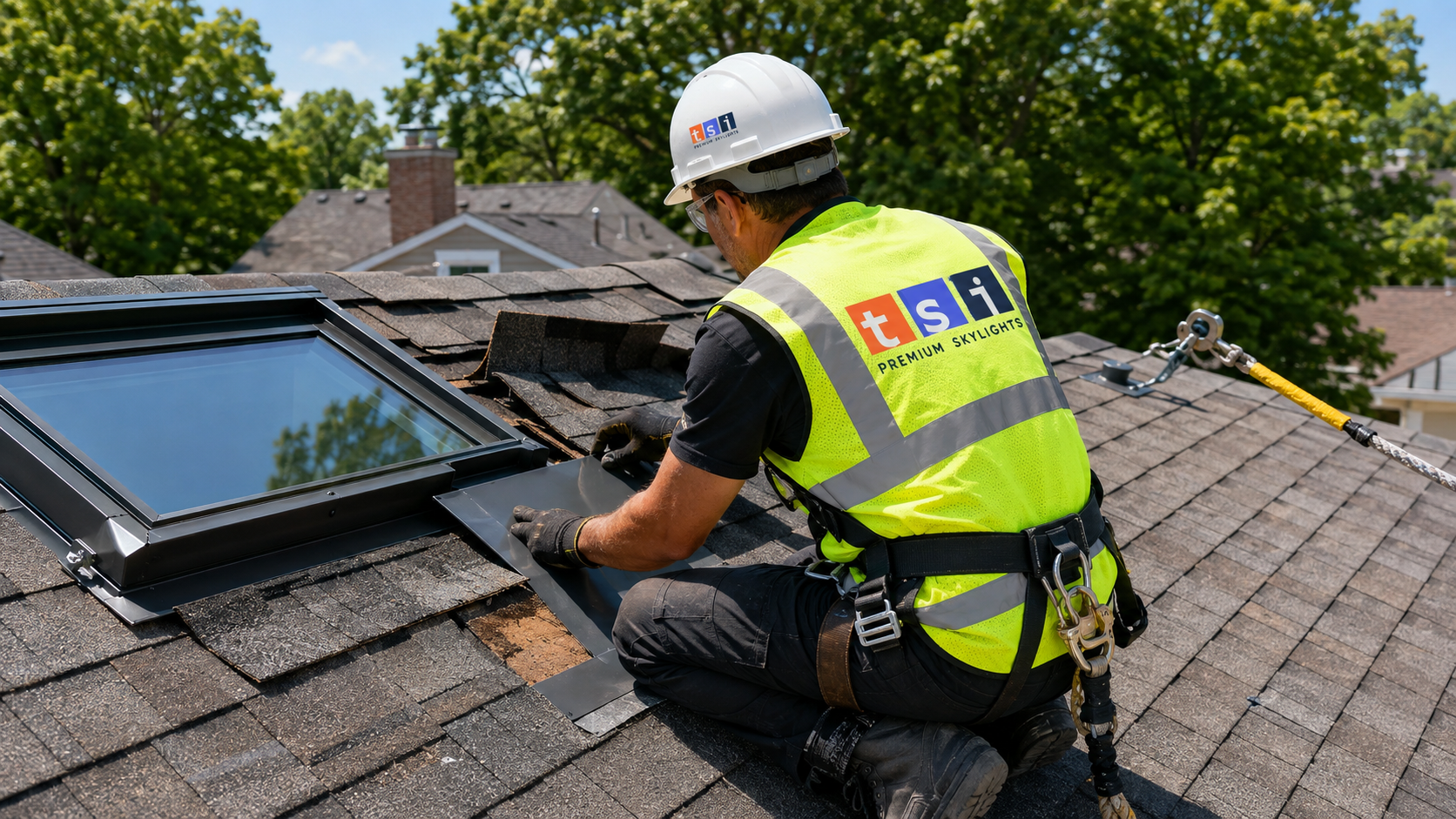 Technician performing skylight repair in Burlington by refitting metal flashing around a rooftop skylight curb