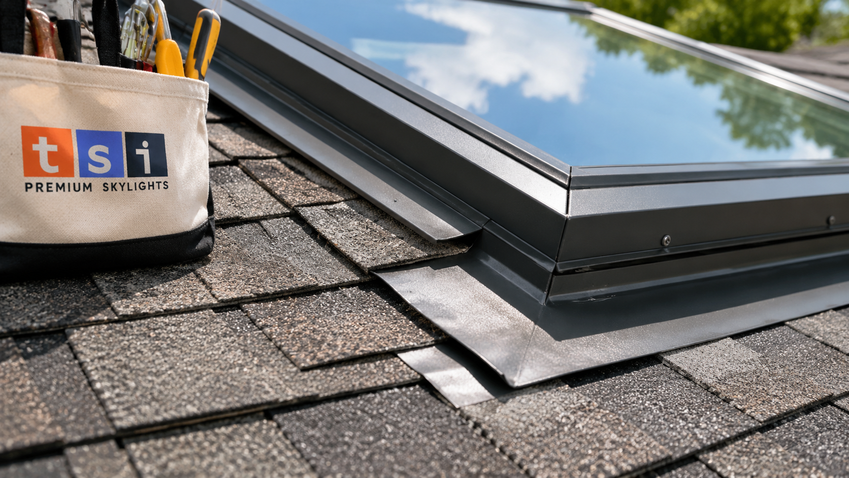 Close view of finished flashing and shingle detail around a skylight, the quality benchmark for skylights Halton Region installations
