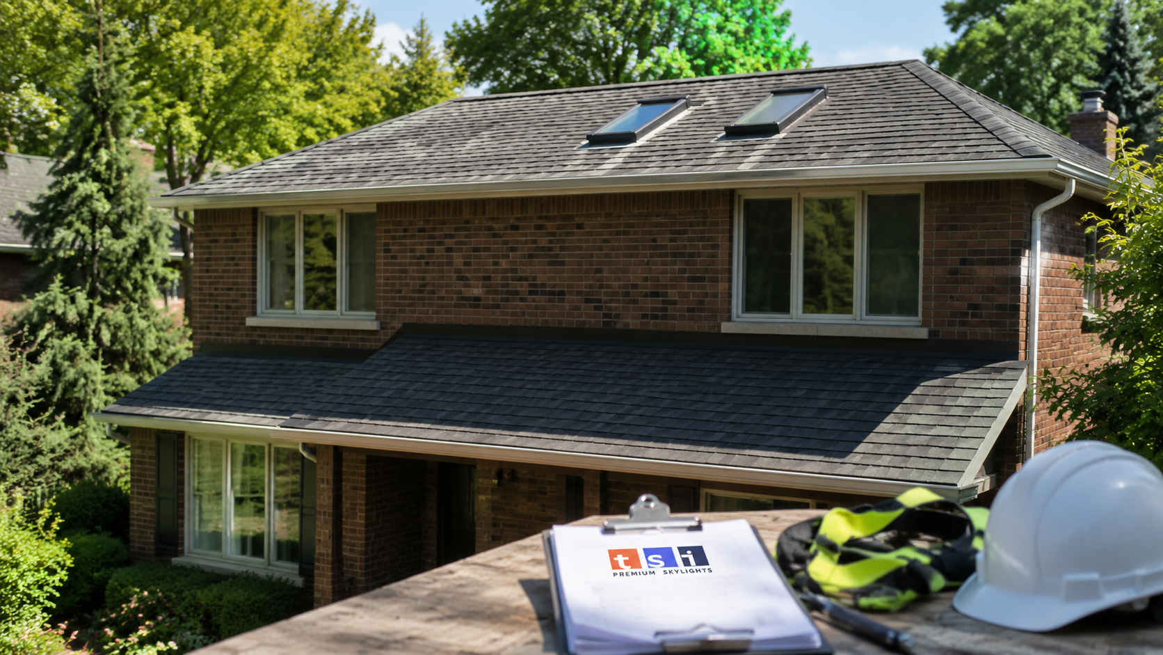 Two fixed skylights on the asphalt shingle roof of a suburban home, typical of skylights Halton Region homeowners choose