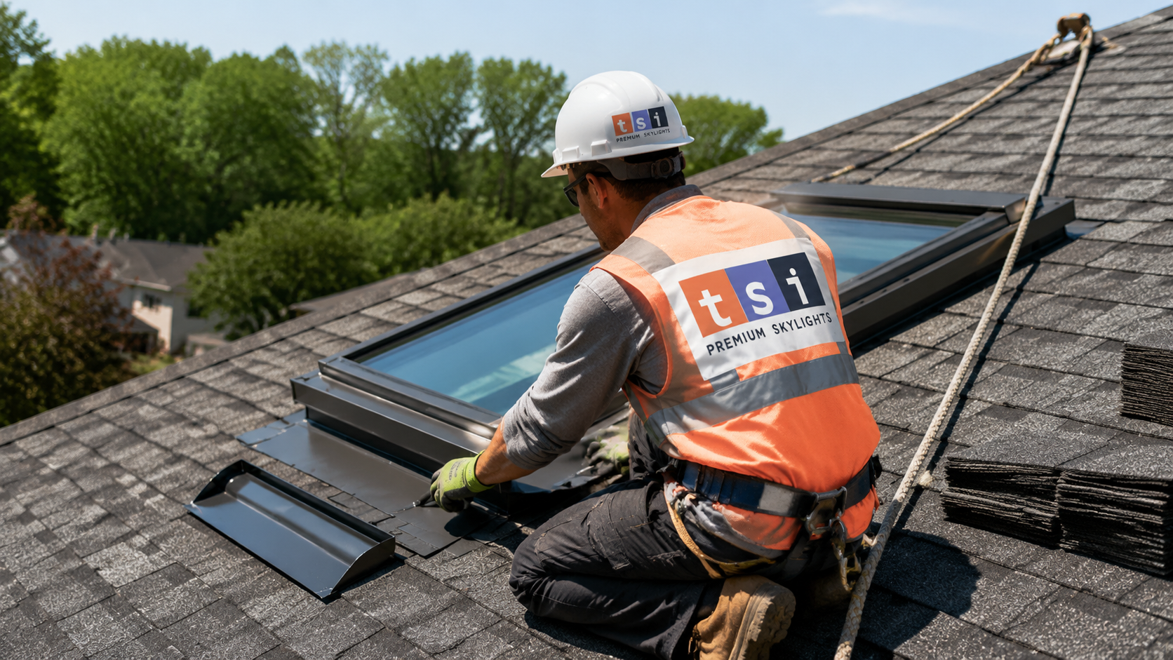 Roofer in full safety gear fitting flashing around a new skylight, the standard method for skylights Halton Region installations