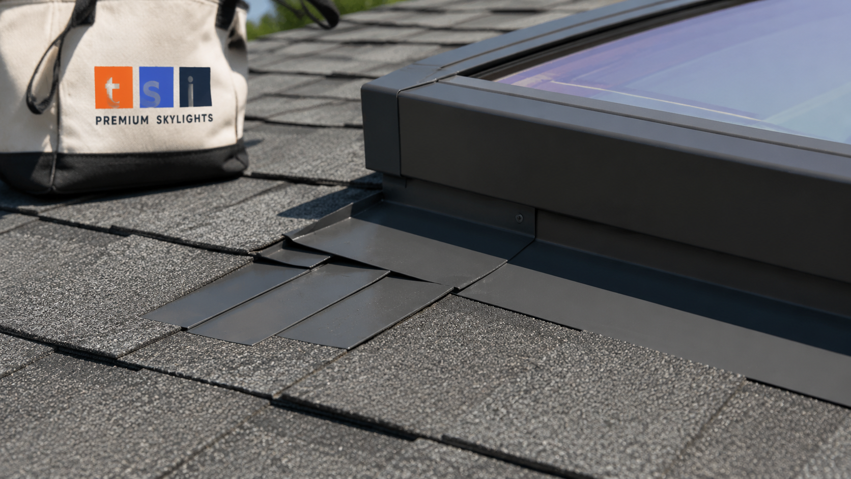 Close view of step flashing and shingle integration around a skylight after a skylight installation in Milton