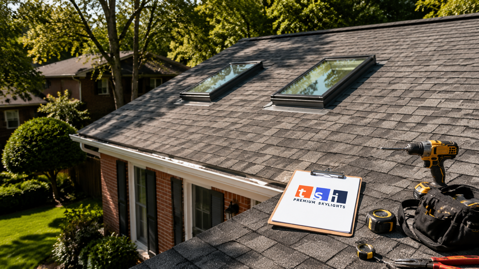 Two fixed skylights on the asphalt shingle roof of a suburban Milton home during a skylight installation in Milton