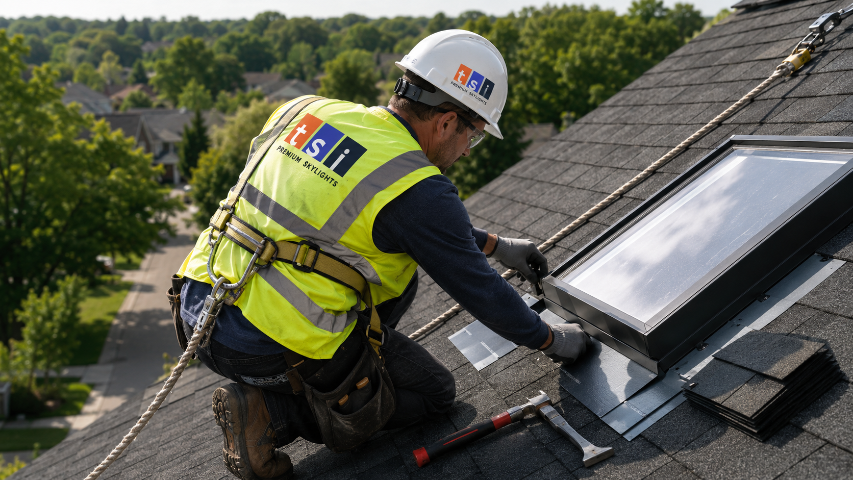 Roofer in full safety gear fitting flashing around a new skylight during a skylight installation in Milton
