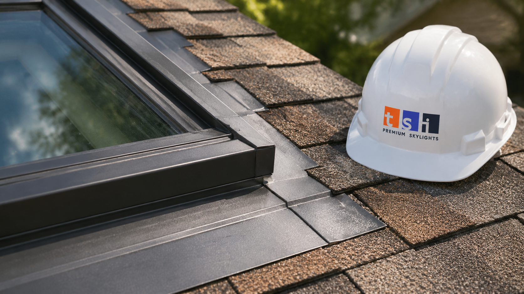 Close detail of flashing and shingle courses around a fixed skylight in Milton on a residential roof