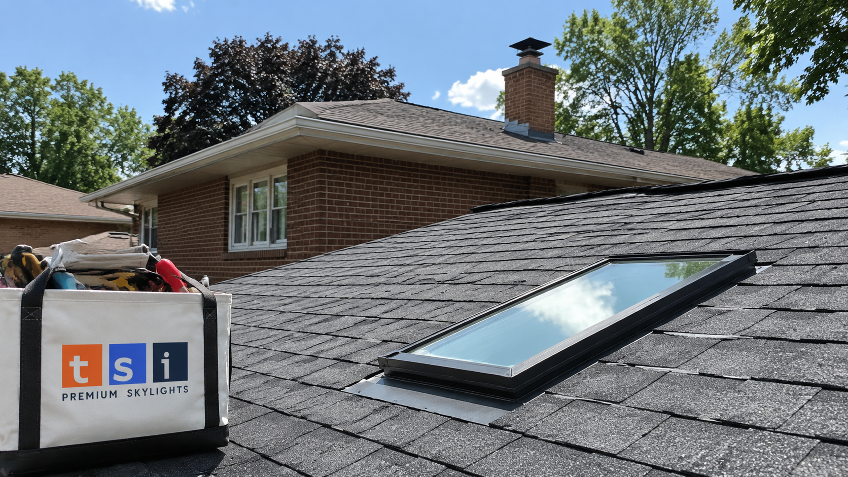 Fixed skylight in Milton installed flush into the asphalt shingle roof of a suburban two-storey home