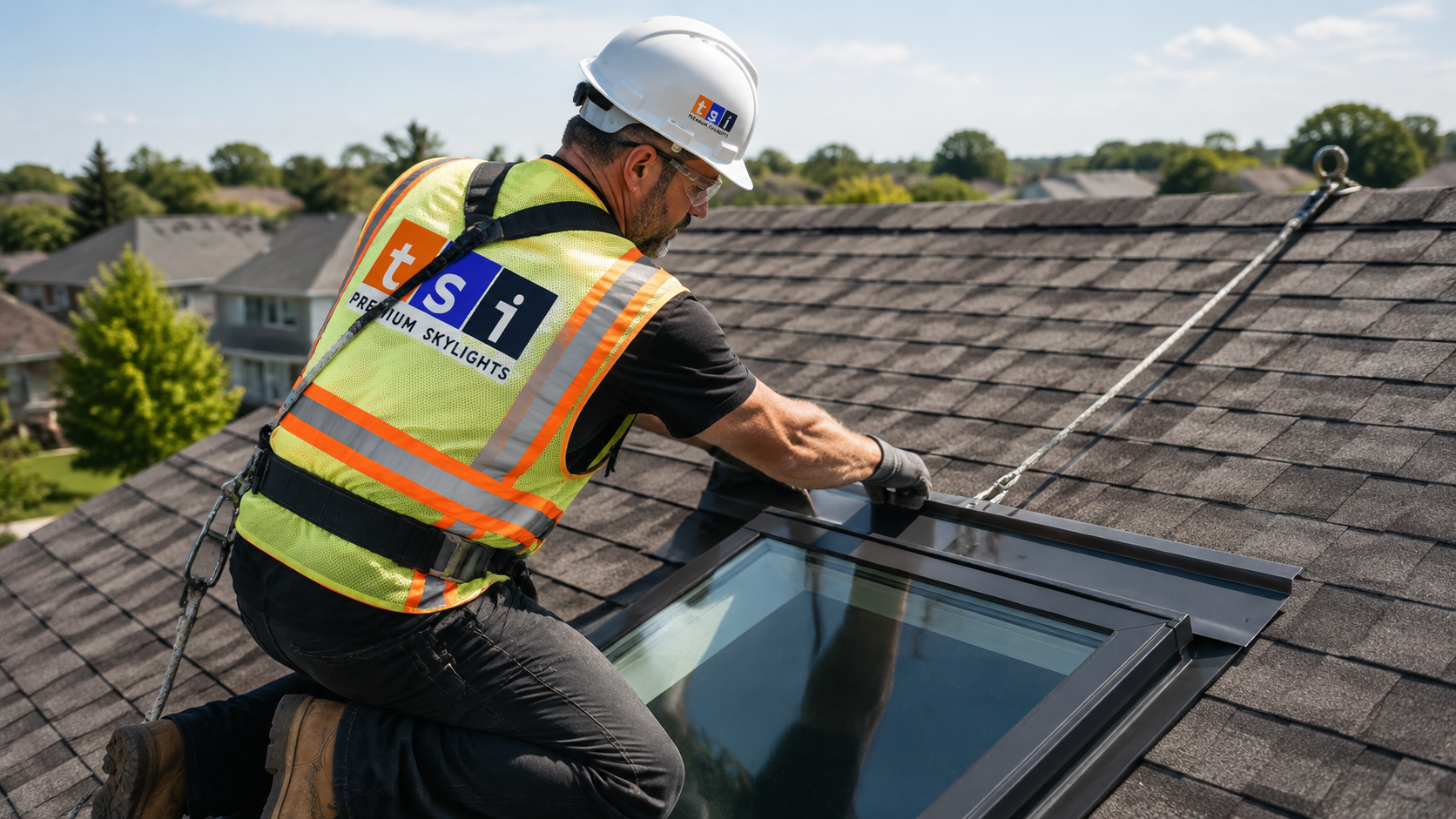 Installer fitting the flashing kit around a fixed skylight in Milton on a shingled residential roof