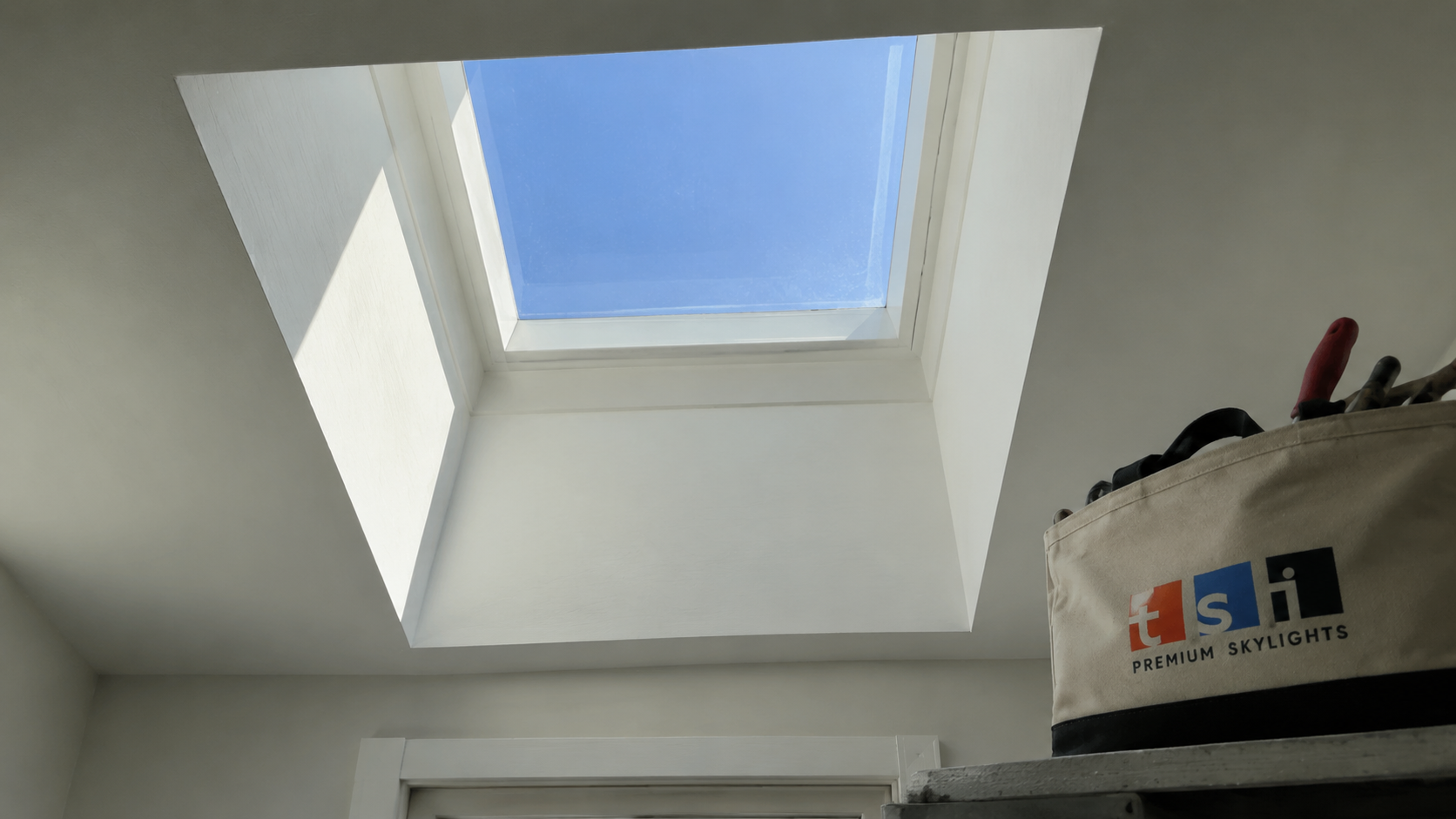 Interior light shaft detail from a skylight installation in Halton Hills showing crisp drywall returns and daylight