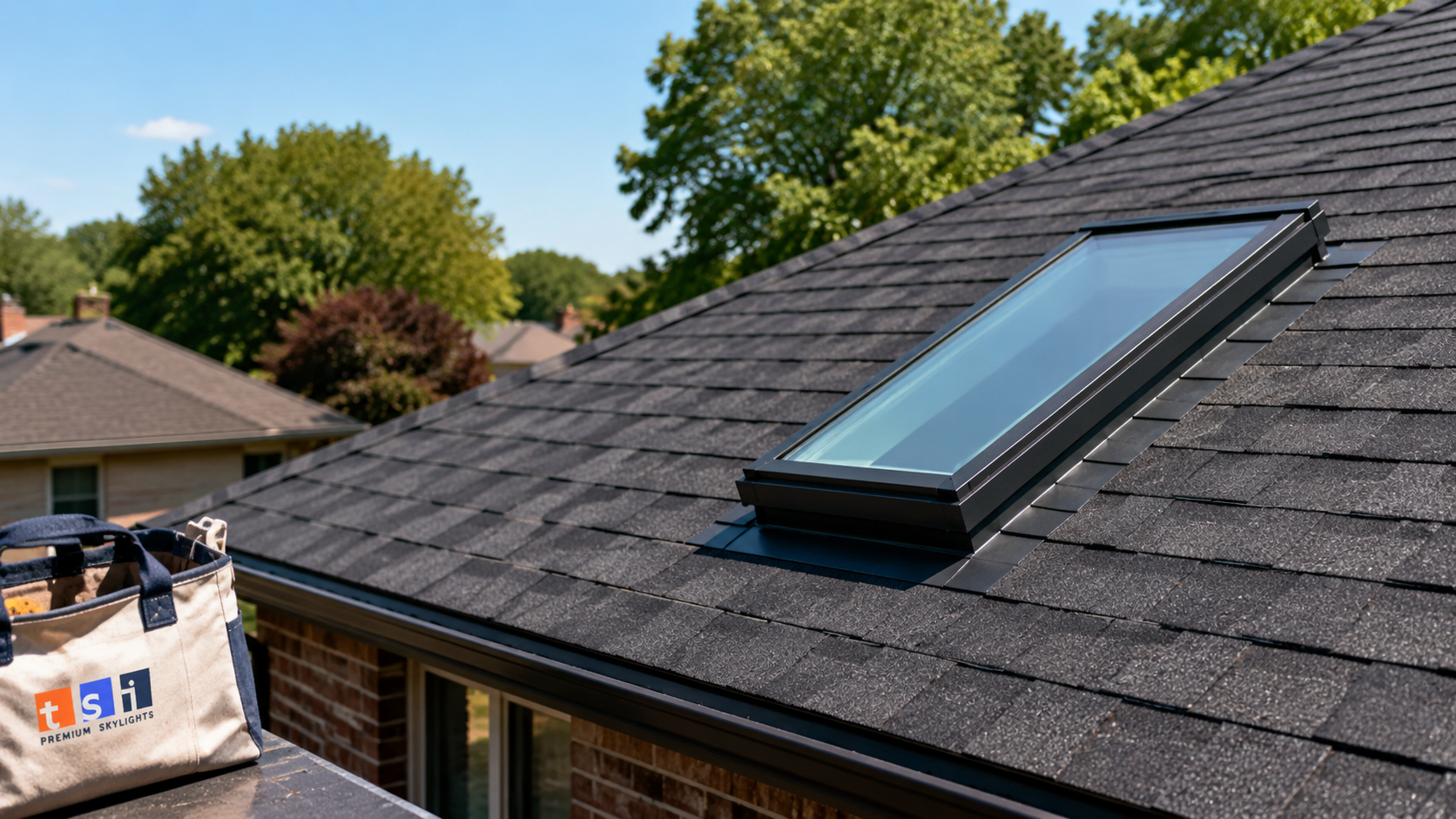 Newly completed skylight installation in Halton Hills on a suburban asphalt shingle roof in summer daylight