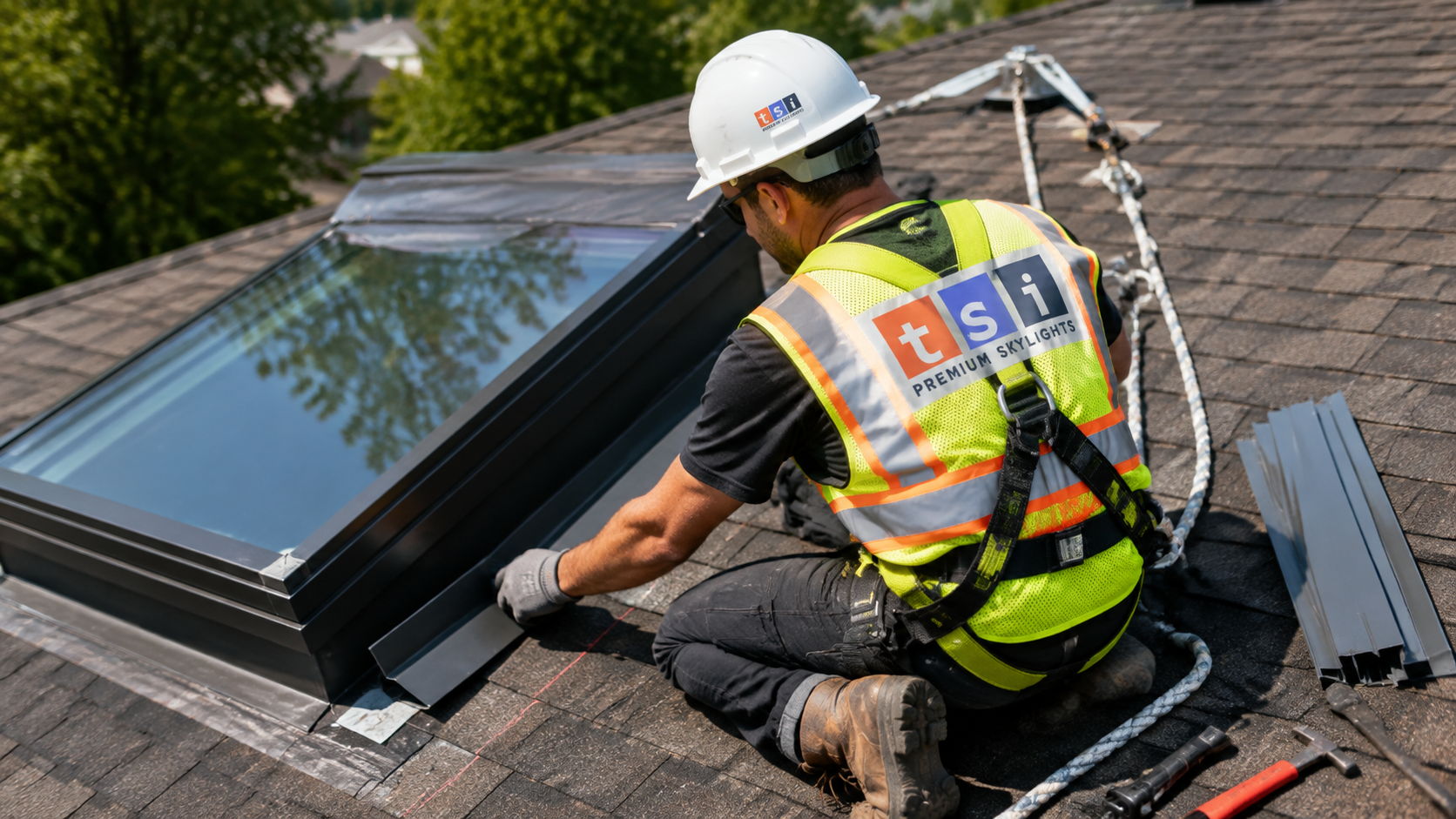 Installer completing skylight installation in Halton Hills, fitting step flashing around a new roof opening