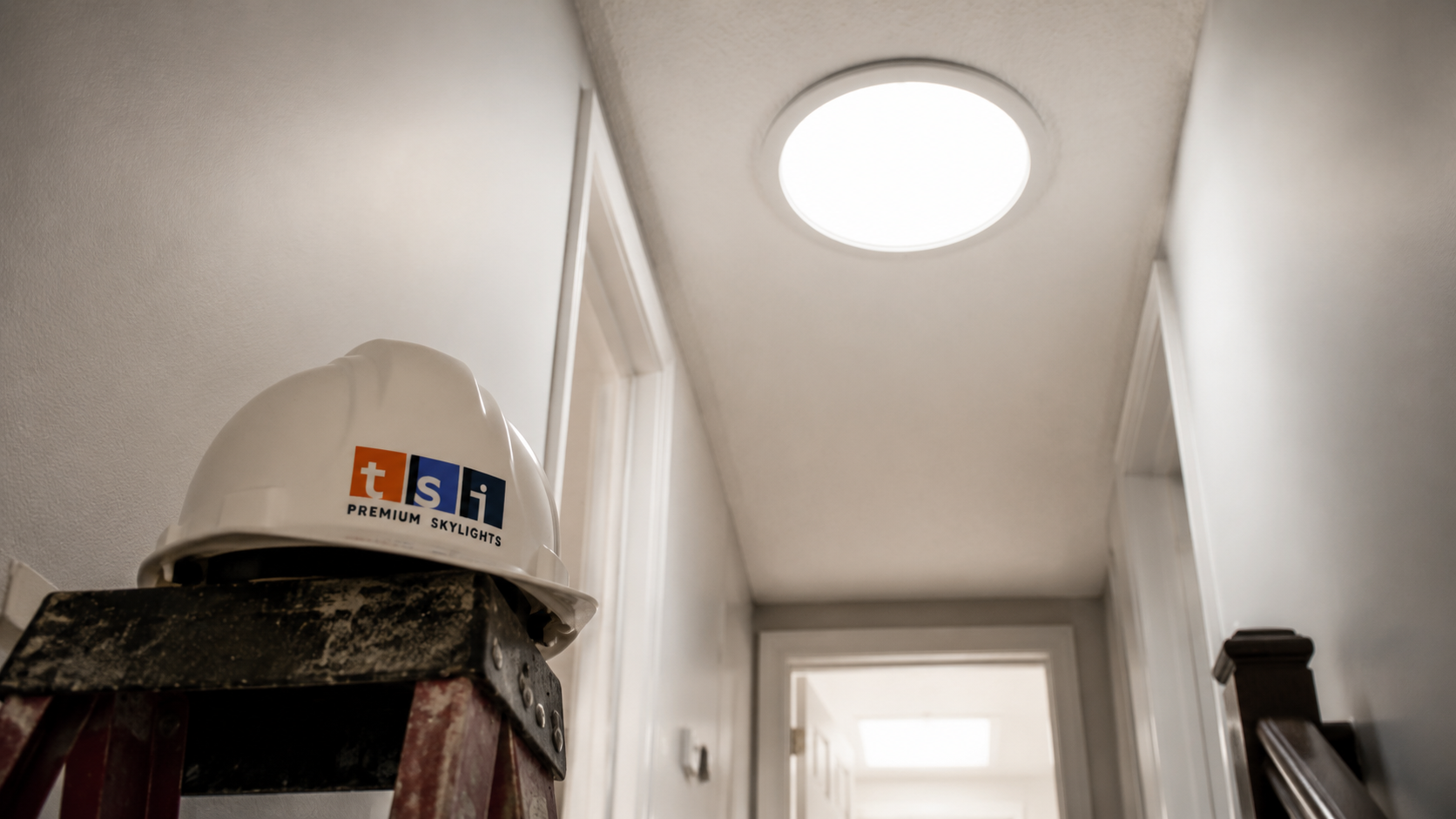 Ceiling diffuser from sun tunnel skylights Oakville homes use, glowing with natural daylight in a hallway