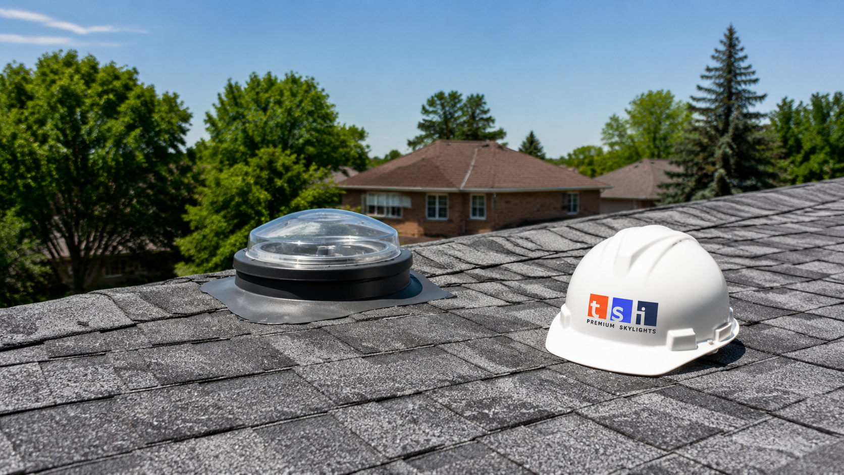 Sun tunnel skylights Oakville homes use, shown as a low-profile roof dome on a suburban asphalt shingle roof