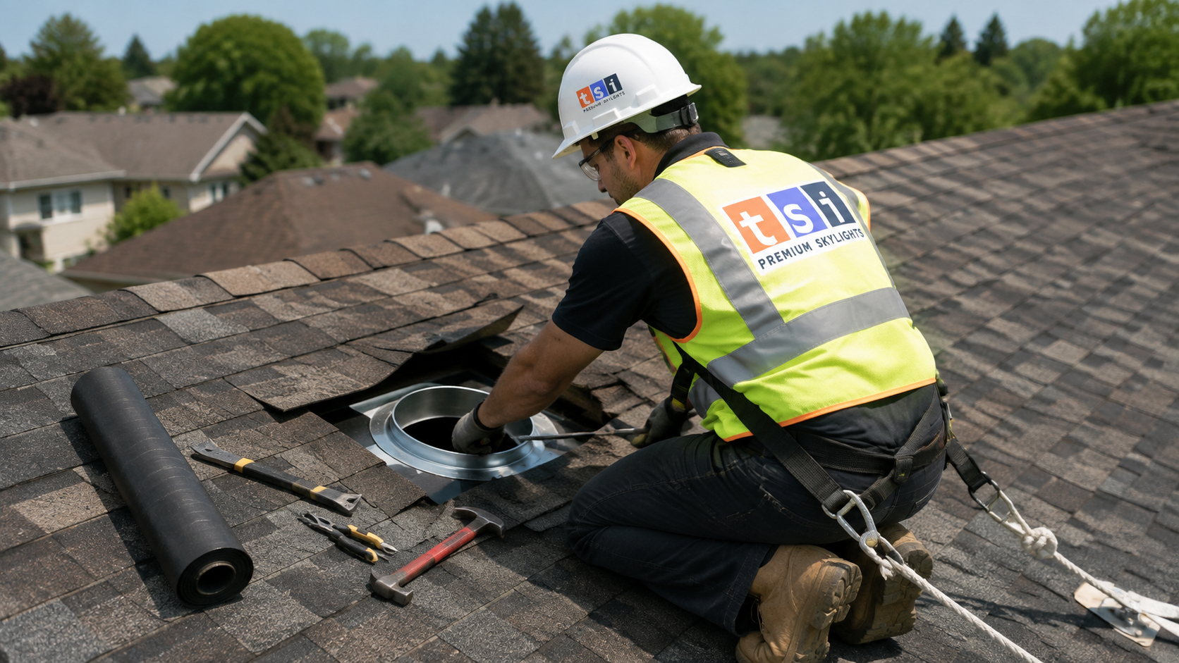 Installer fitting flashing for sun tunnel skylights Oakville homeowners add to an asphalt shingle roof