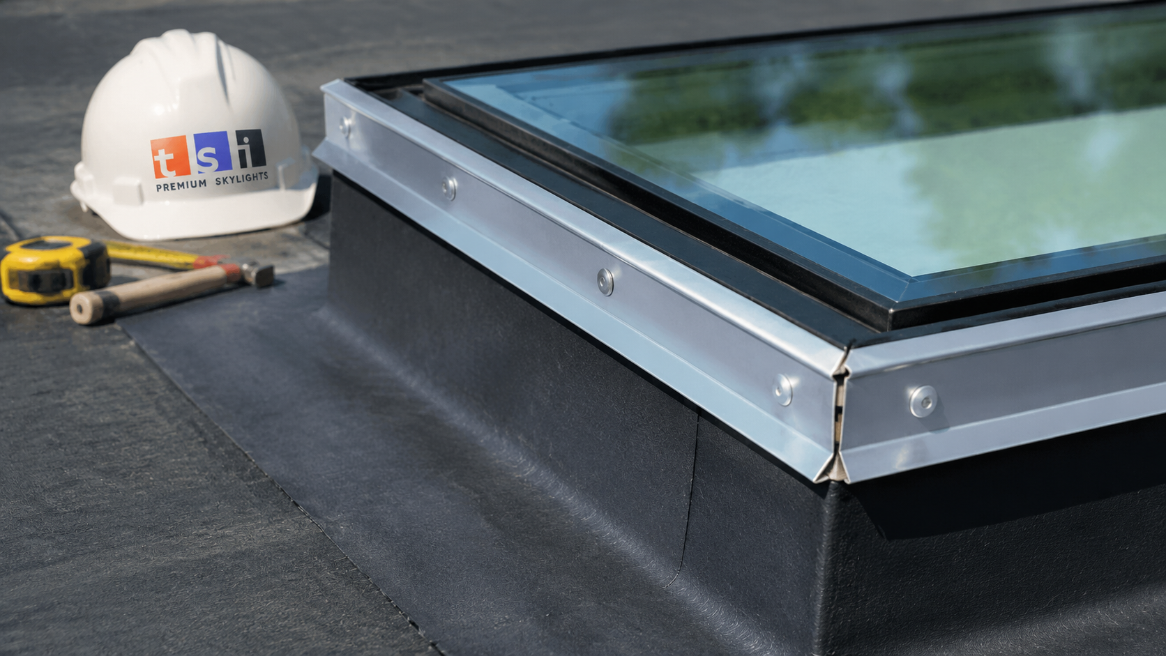 Close detail of flat roof skylights in Burlington showing counterflashing and membrane termination at the curb