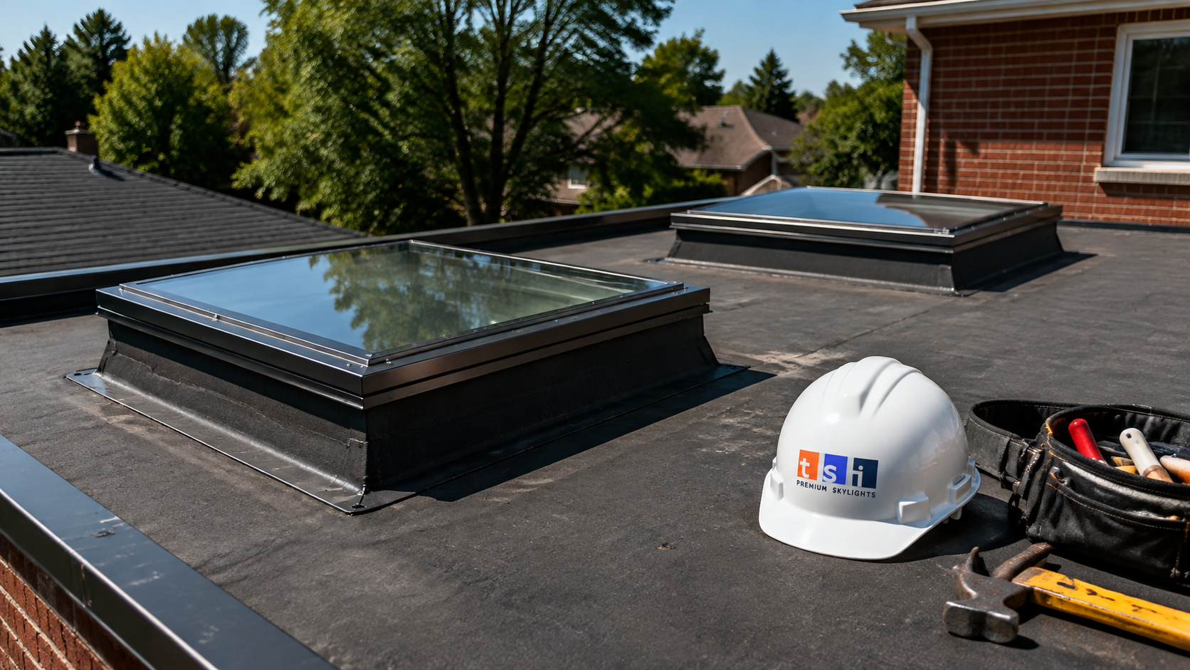 Flat roof skylights in Burlington on a low-slope membrane roof of a suburban brick home