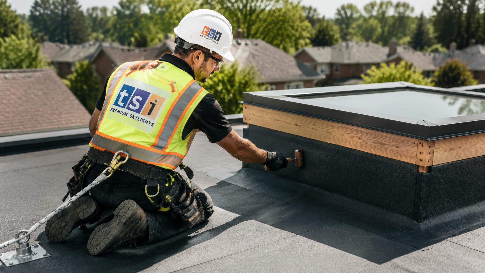 Roofer installing flat roof skylights in Burlington, sealing membrane flashing around a raised skylight curb