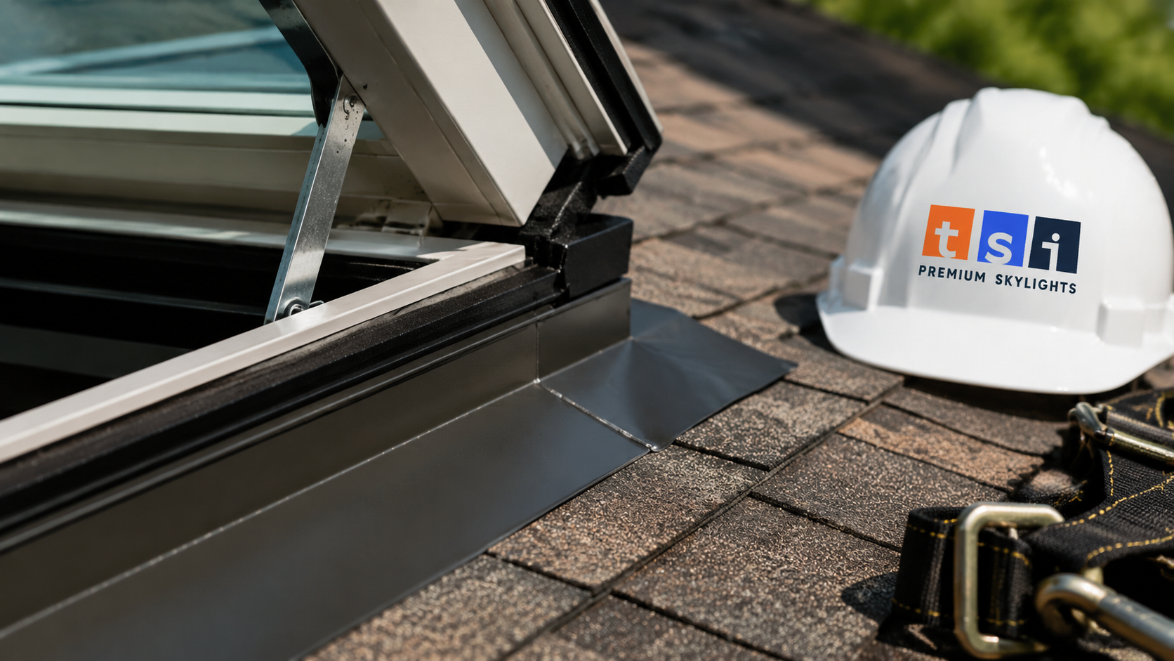 Close detail of a vented skylight Oakville frame gasket, hinge and metal flashing on an asphalt shingle roof