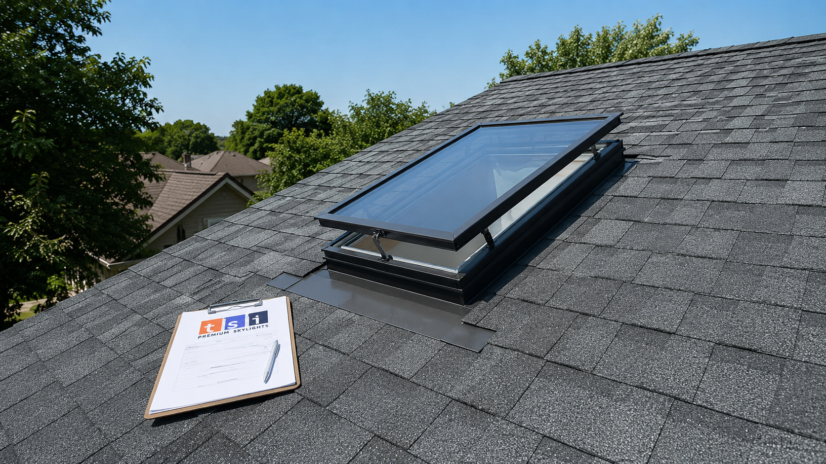 Vented skylight Oakville installation open on the asphalt shingle roof of a suburban two-storey home in summer