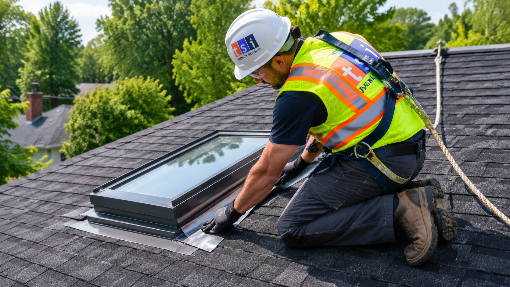 Roofer in full safety gear fitting flashing around a vented skylight Oakville opening on a shingled roof