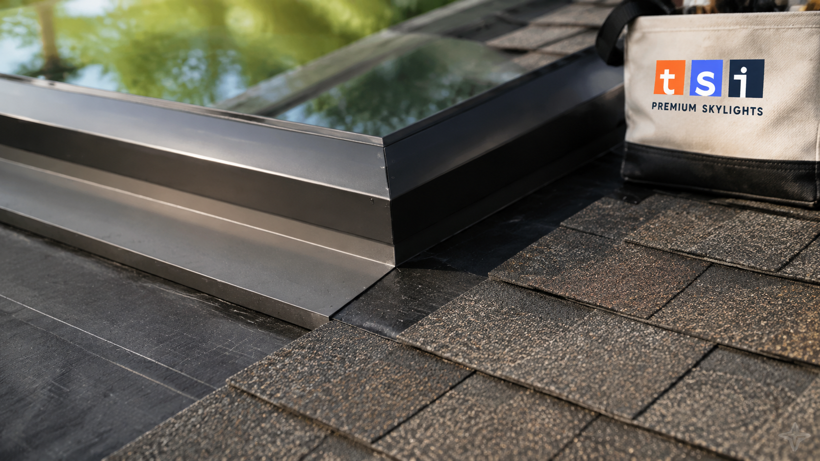 Close view of new step flashing and ice membrane around a skylight replacement in Oakville