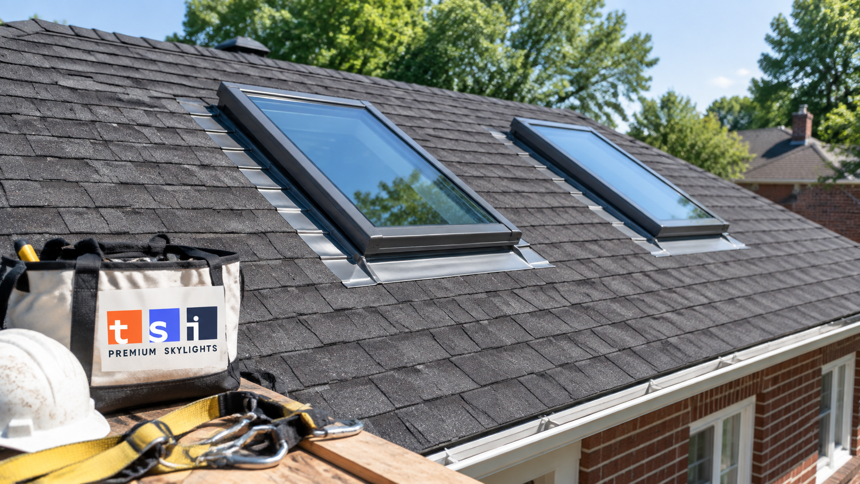 Newly installed skylights on a suburban asphalt shingle roof after skylight replacement in Oakville