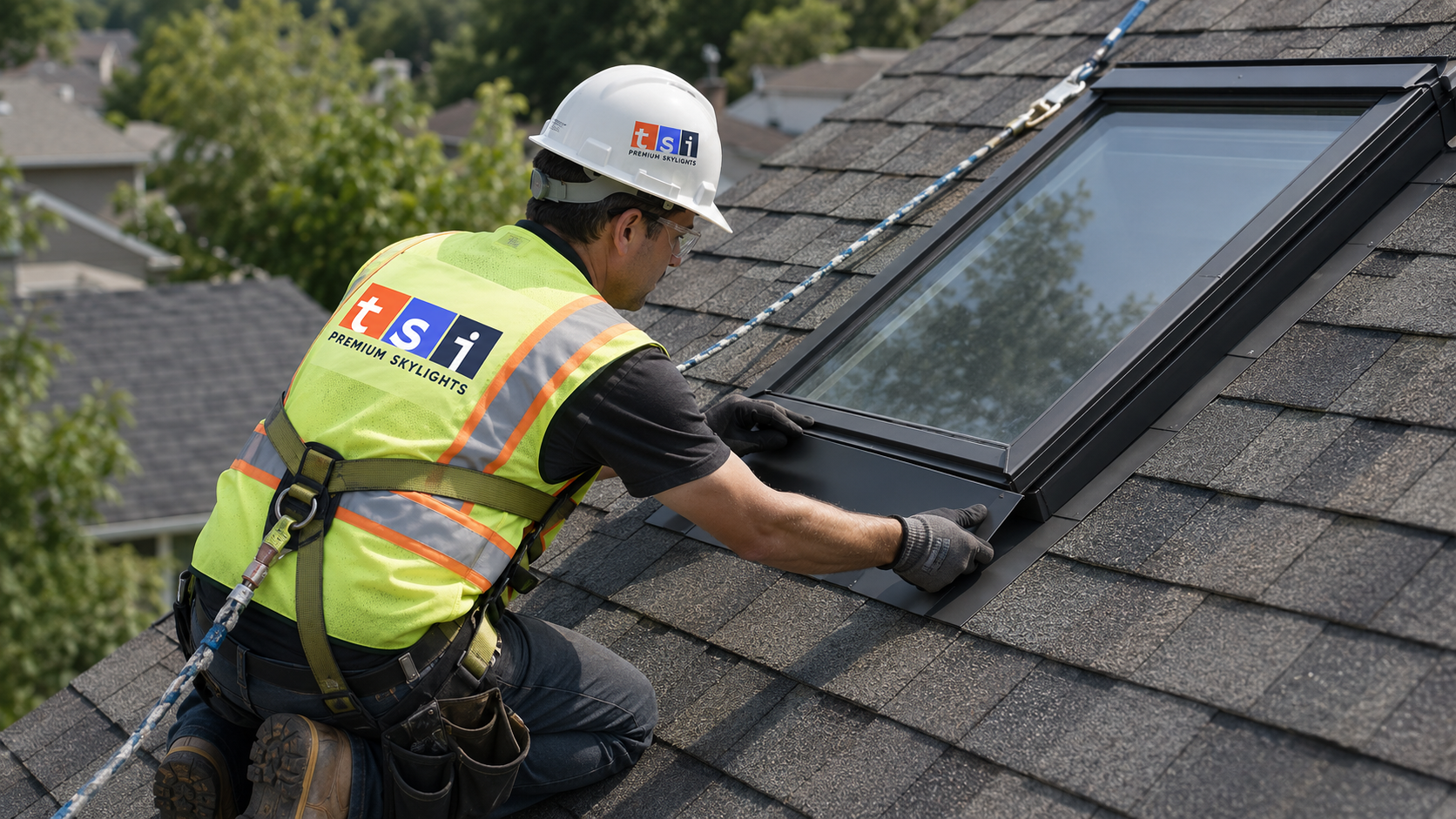 Roofer in full safety gear setting a new skylight unit during a skylight replacement in Oakville