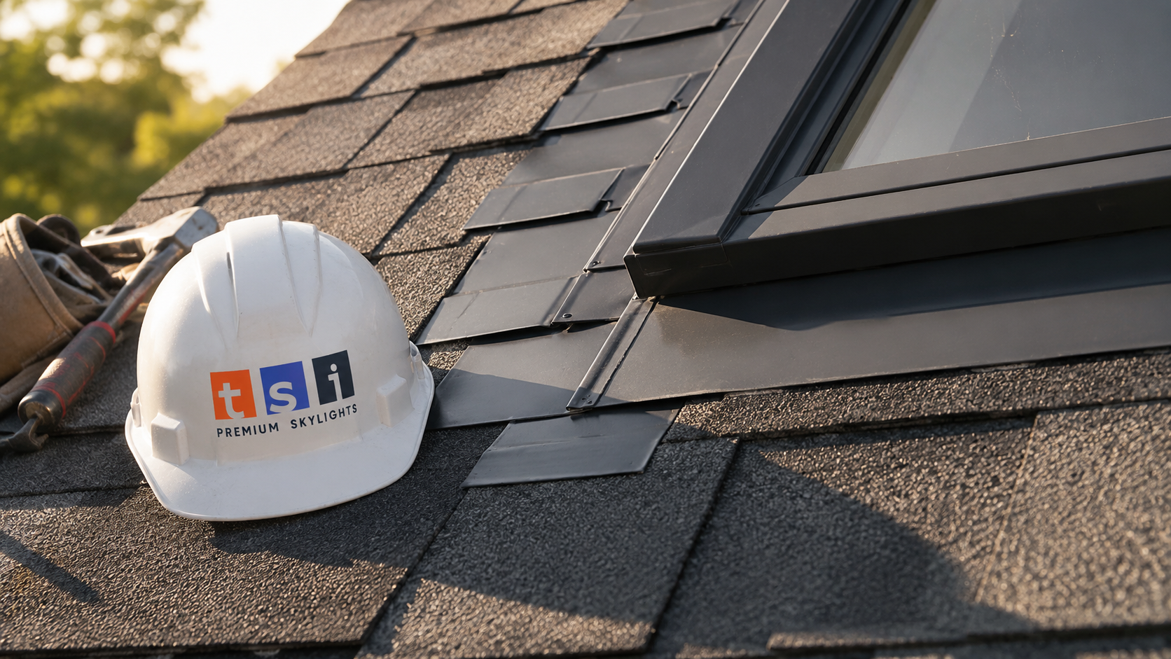 Close view of skylight step flashing woven into asphalt shingles on a Toronto roof
