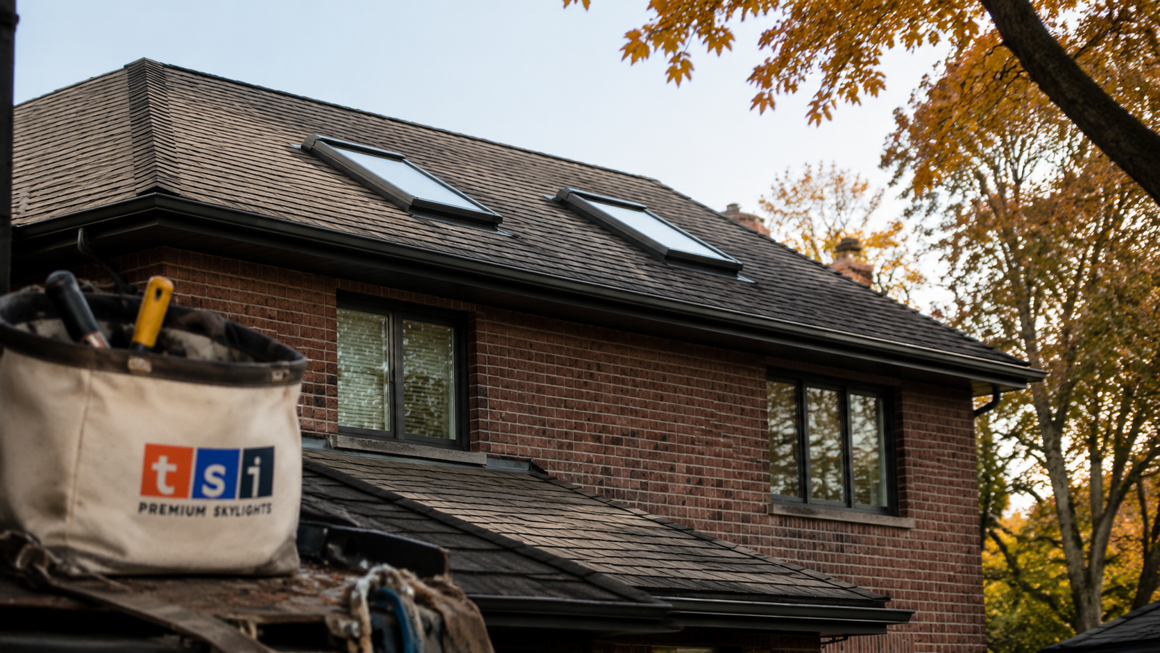 Two glass skylights on the asphalt shingle roof of a Toronto home in September daylight