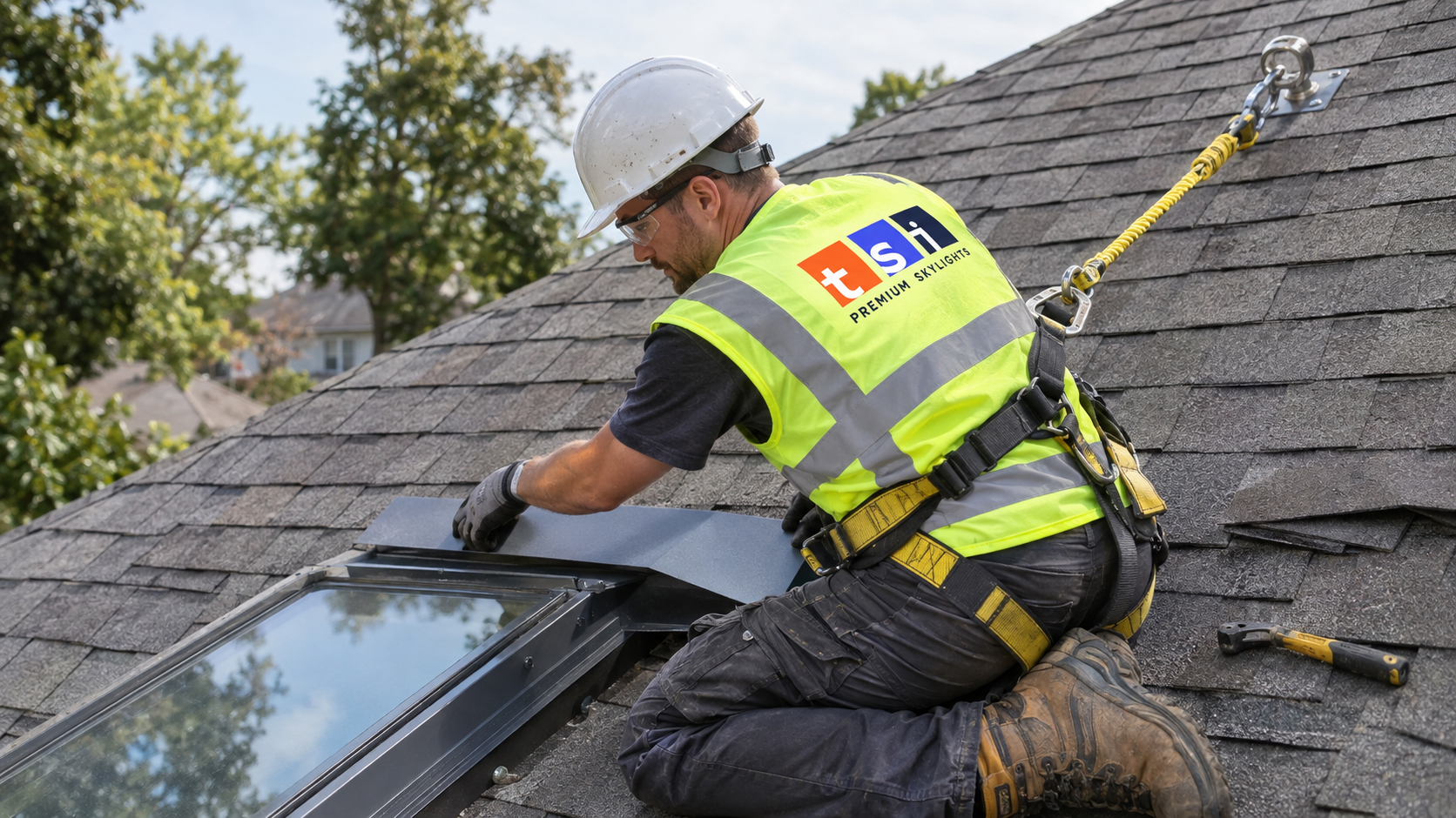 Installer in full safety gear fitting flashing around a new skylight on a Toronto roof