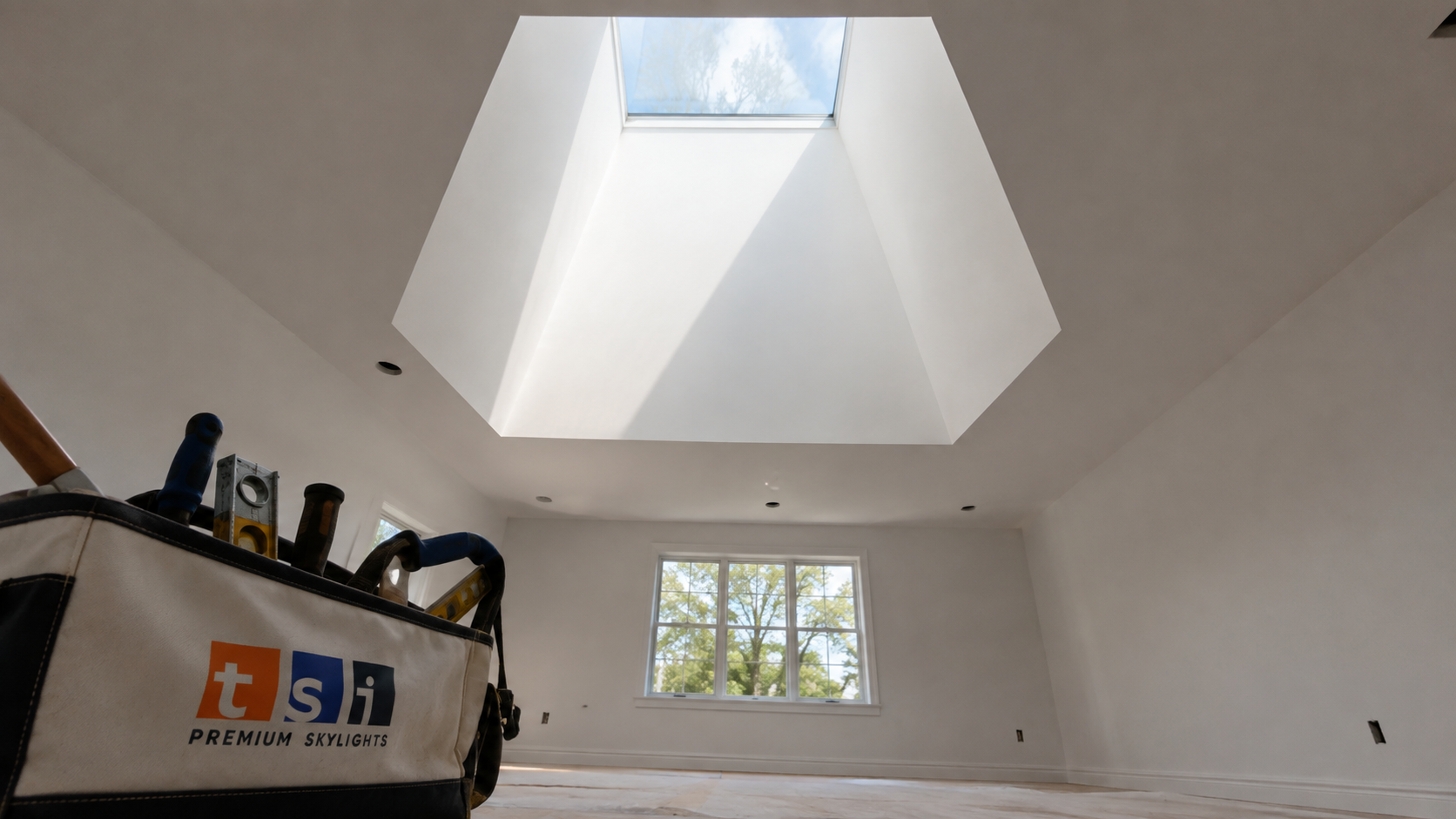 Interior view of a splayed light shaft carrying daylight into an Etobicoke bungalow ceiling
