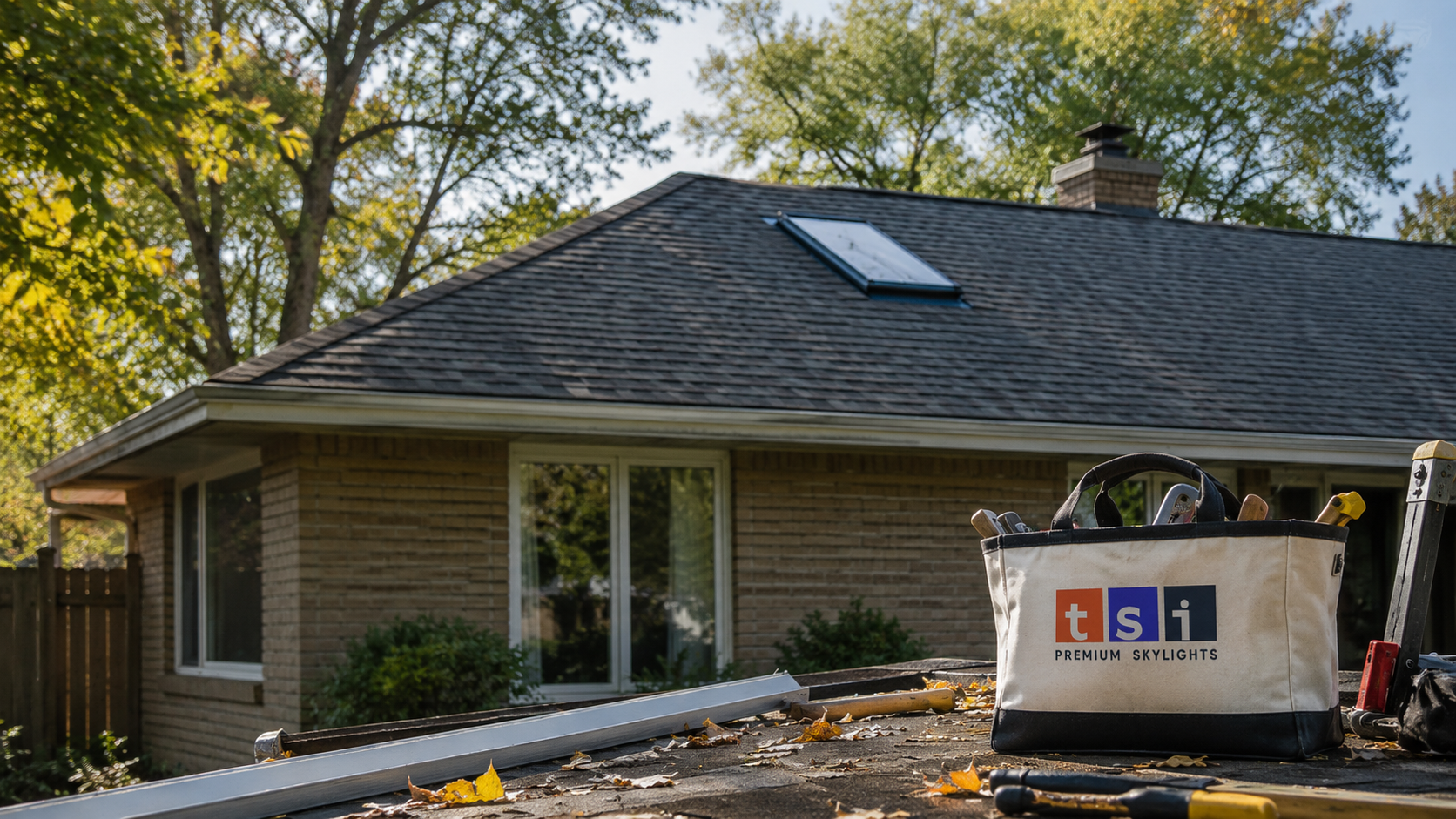 New glass skylight installed on the shingle roof of an Etobicoke bungalow in autumn light