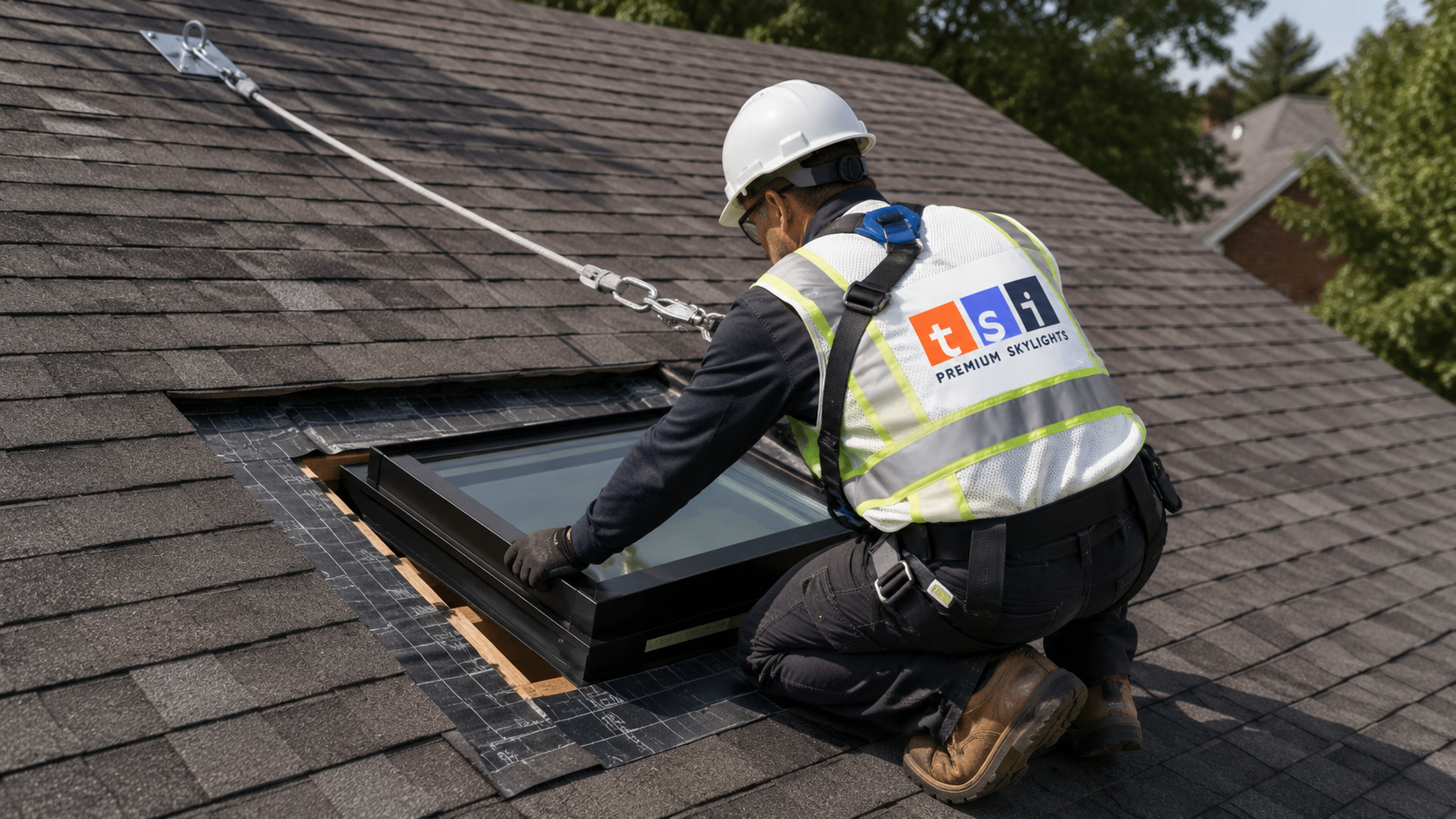 Installer securing a skylight unit into a framed roof opening on an Etobicoke home