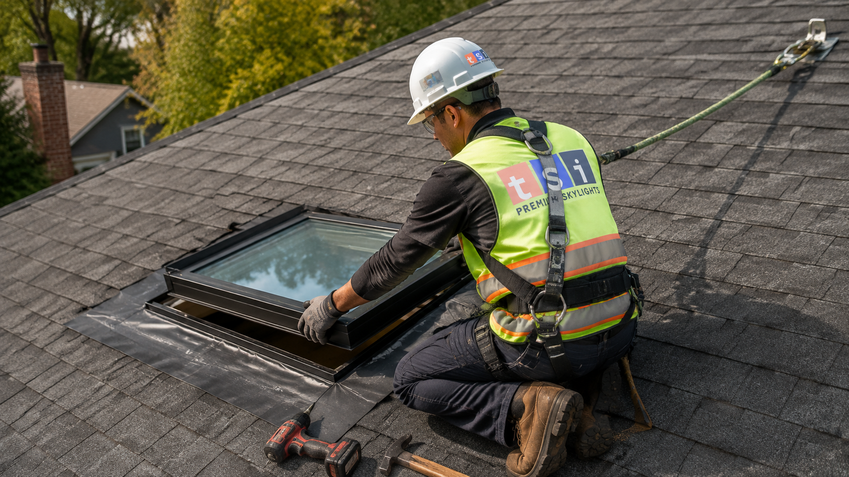 Installer securing a skylight unit into a framed roof opening on an Etobicoke home