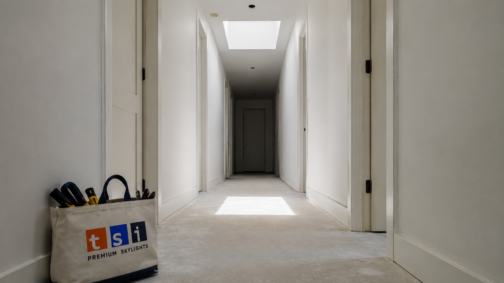 Daylight from a new skylight falling down a previously dark interior hallway