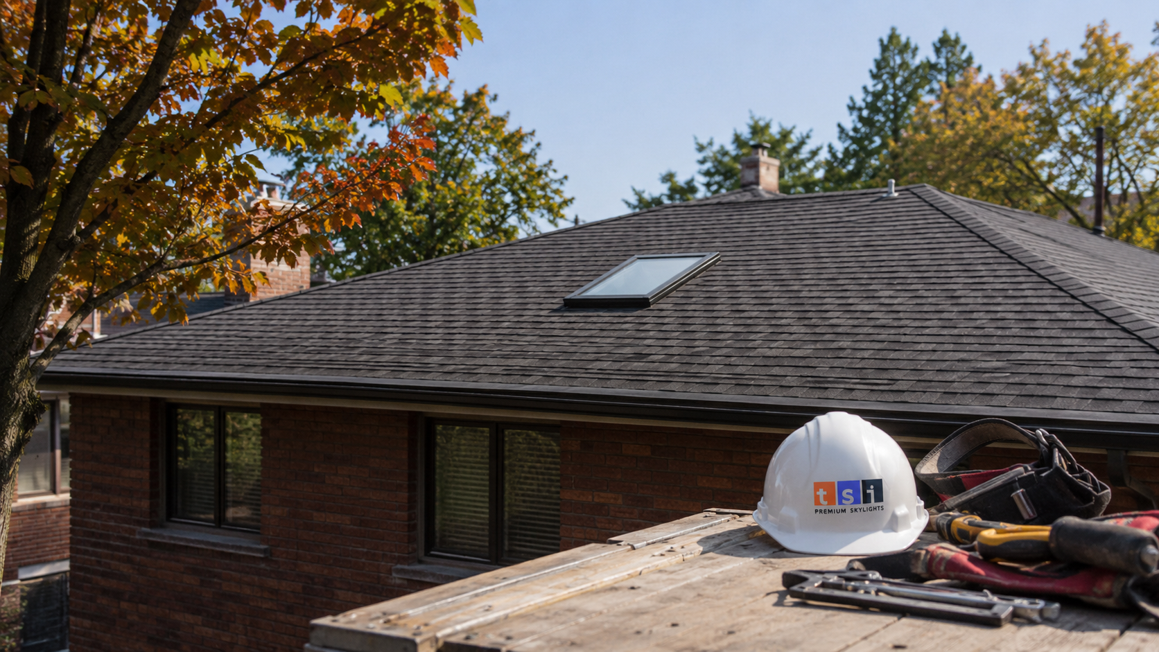 Skylight set into the shingle roof of a Scarborough home under early autumn daylight