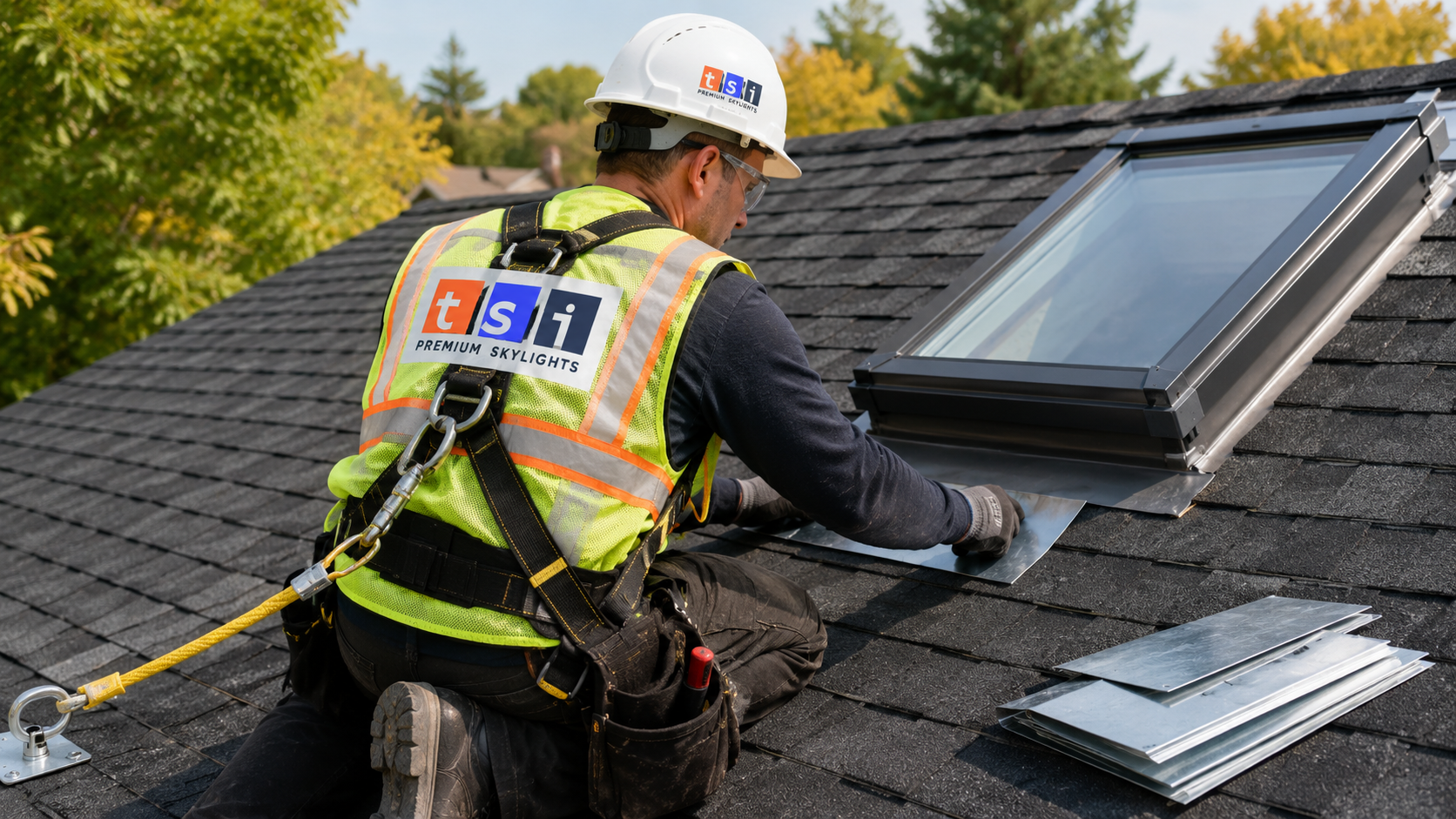 Roofer weaving step flashing into shingles beside a new skylight on a Scarborough roof