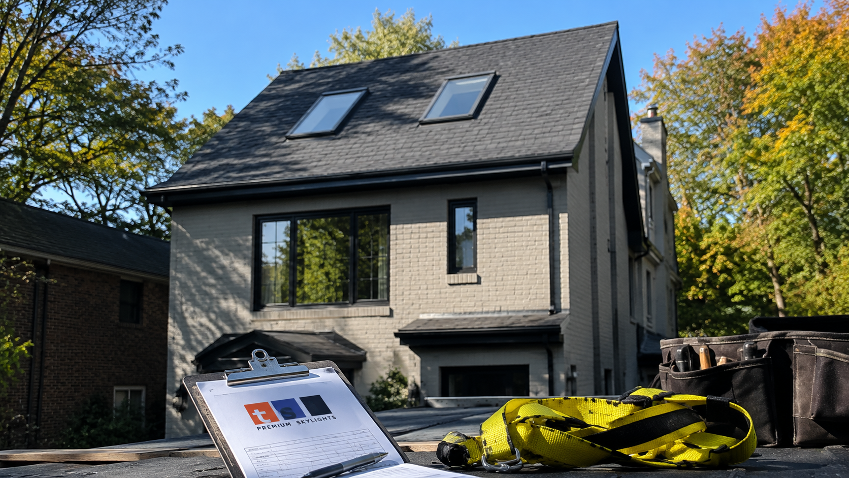 Pair of skylights on a steeply pitched North York roof in early autumn daylight