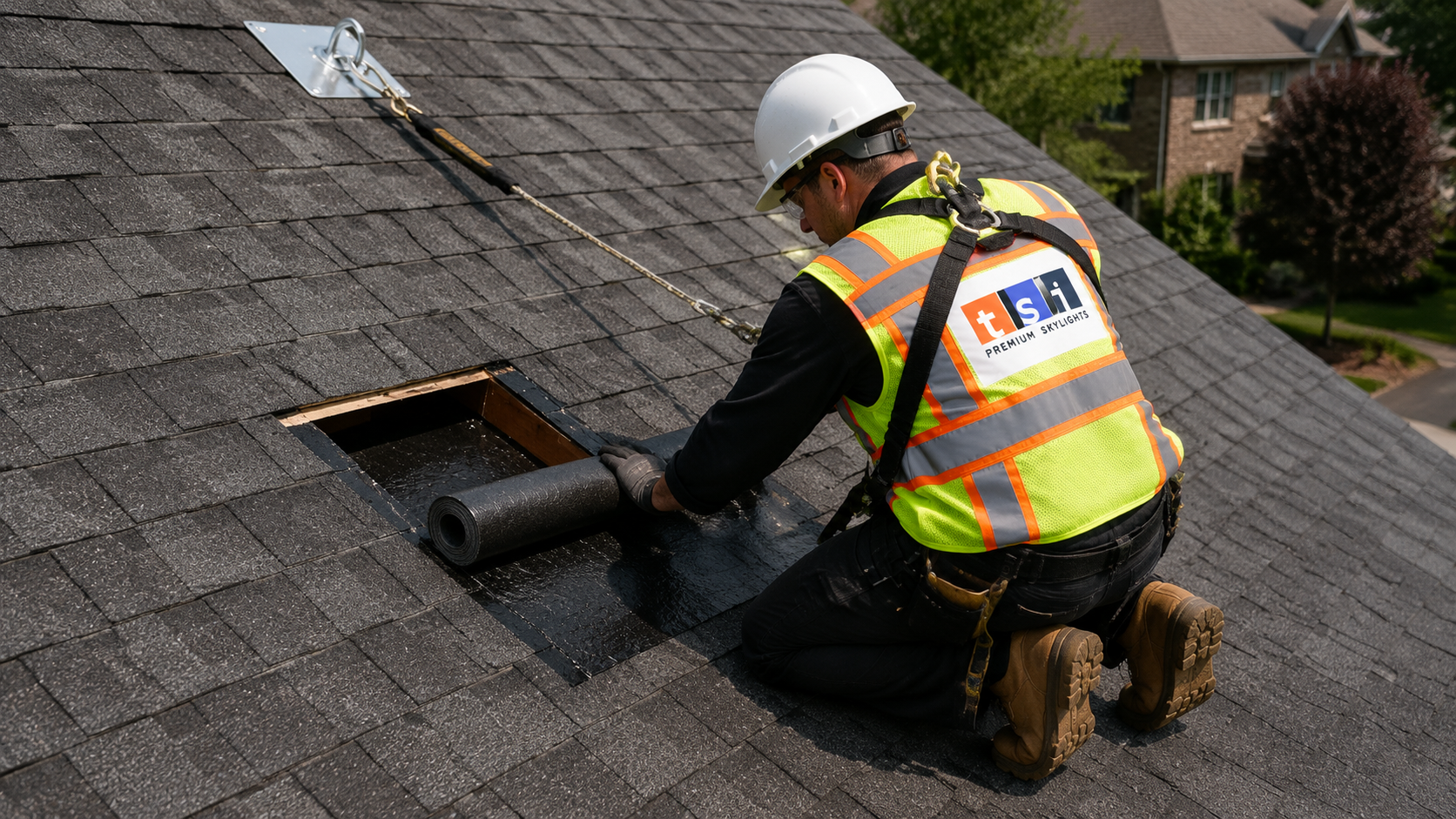 Installer applying self adhered membrane around a skylight opening on a North York roof