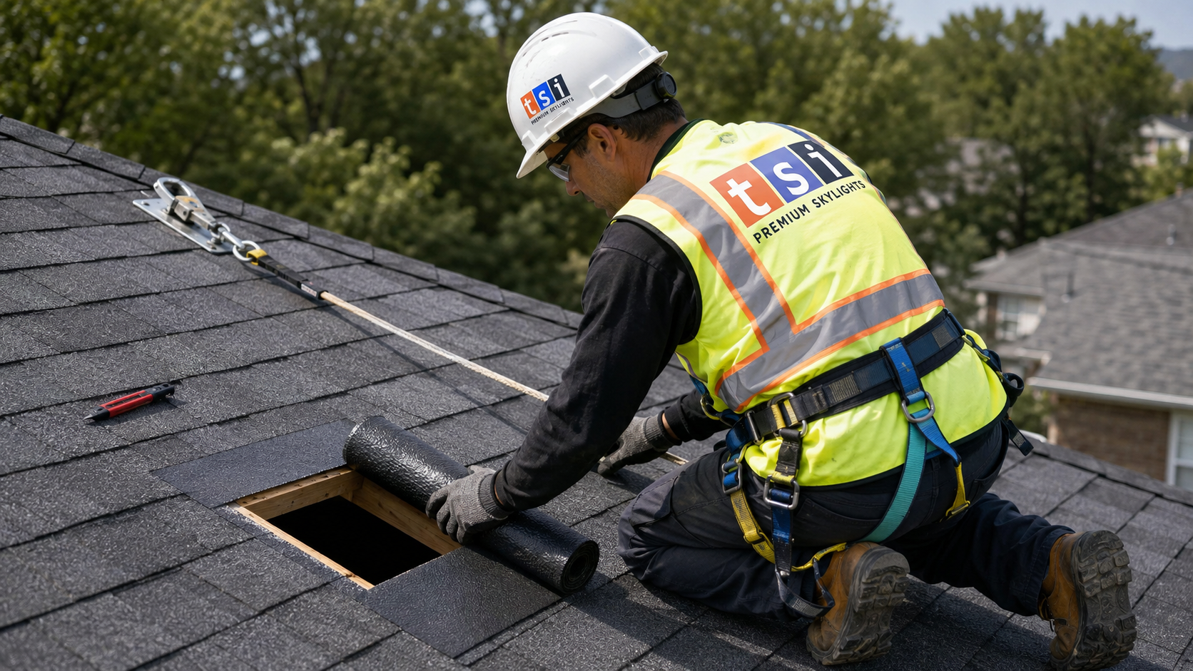 Installer applying self adhered membrane around a skylight opening on a North York roof
